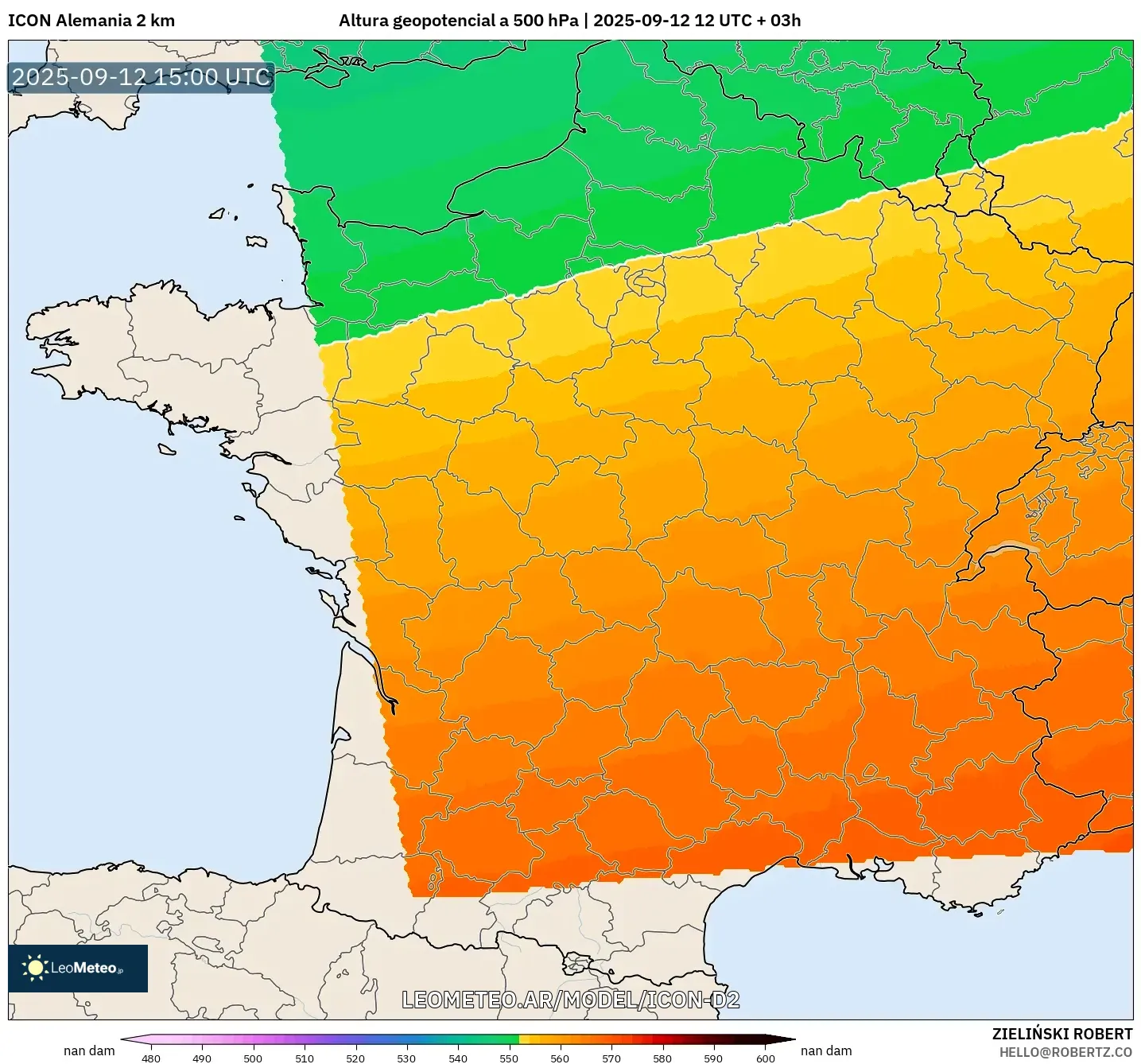 ICON Alemania 2 km model - Francia, Altura geopotencial a 500 hPa