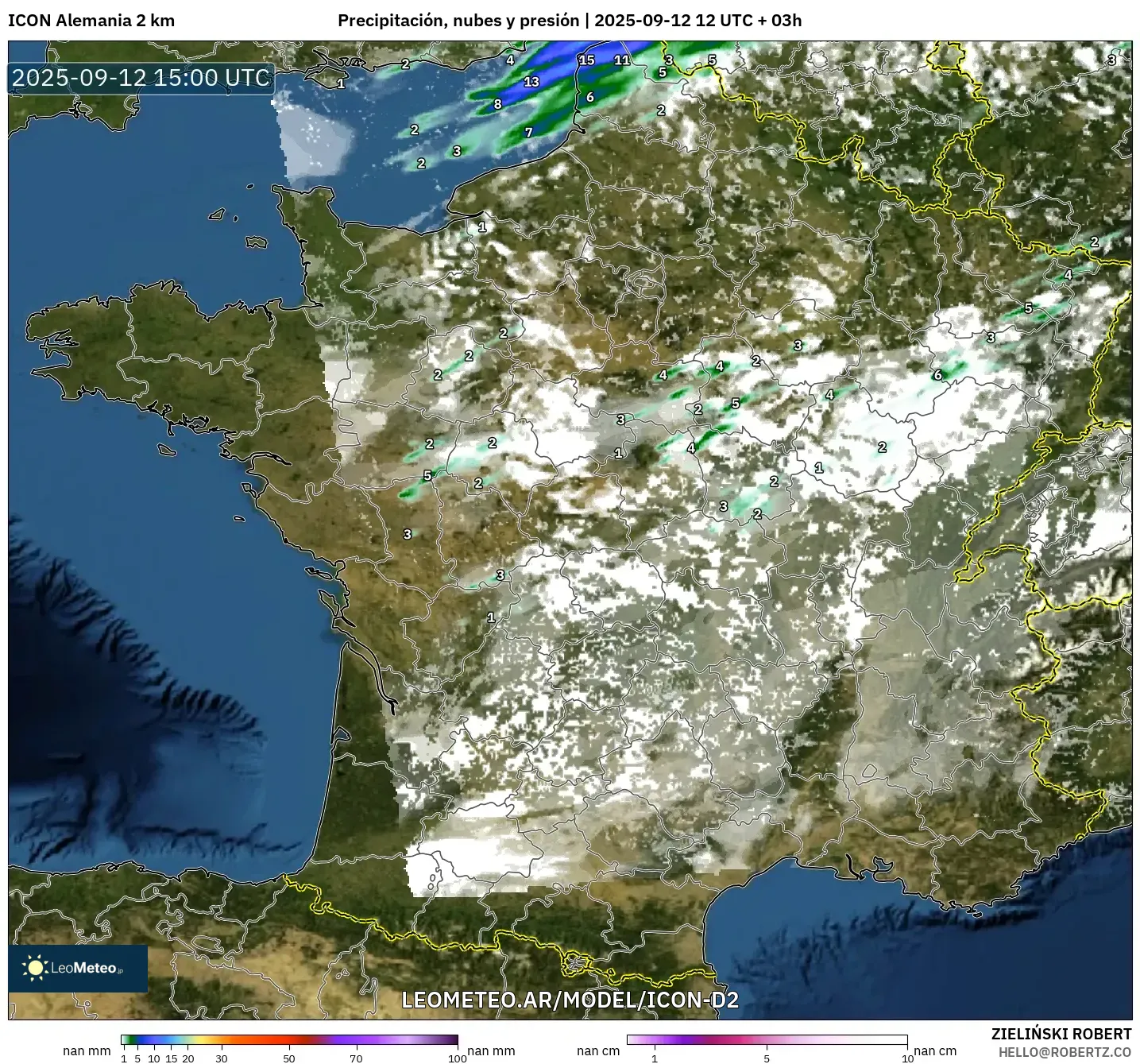 ICON Alemania 2 km model - Francia, Precipitación, nubes y presión