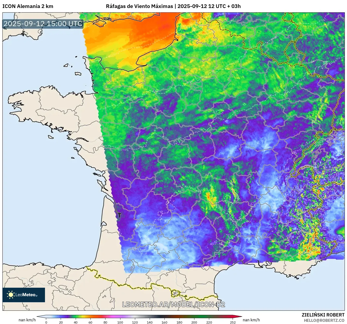 ICON Alemania 2 km model - Francia, Ráfagas de Viento Máximas