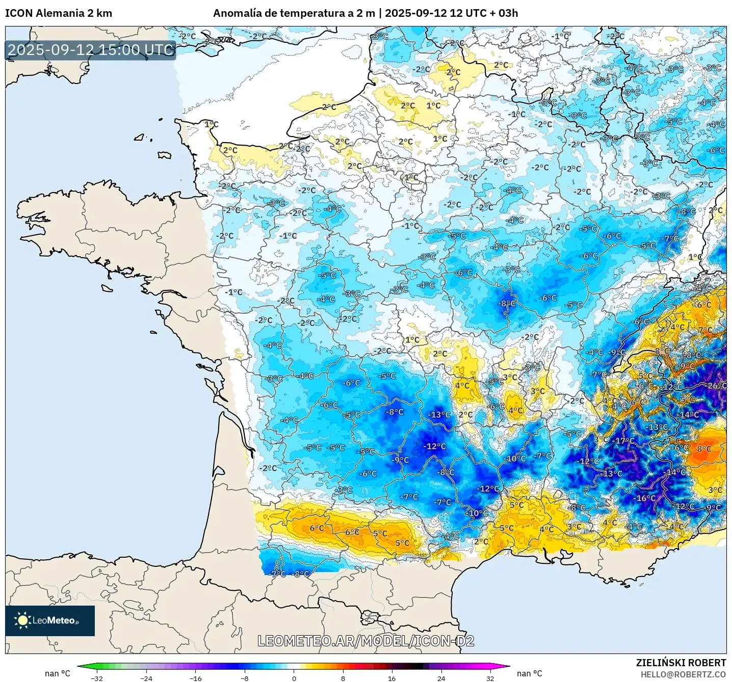ICON Alemania 2 km model - Francia, Anomalía de temperatura a 2 m