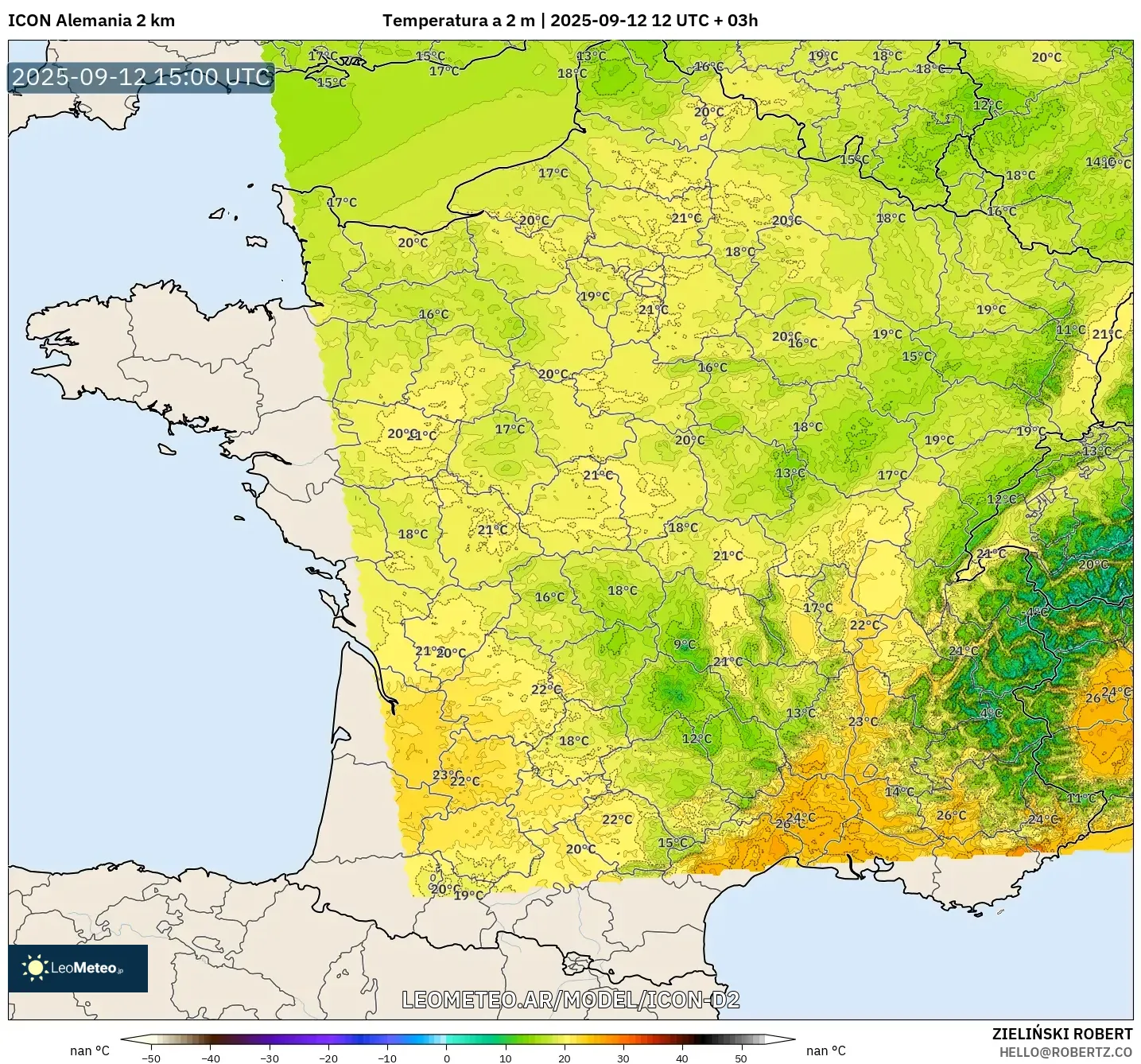 ICON Alemania 2 km model - Francia, Temperatura a 2 m