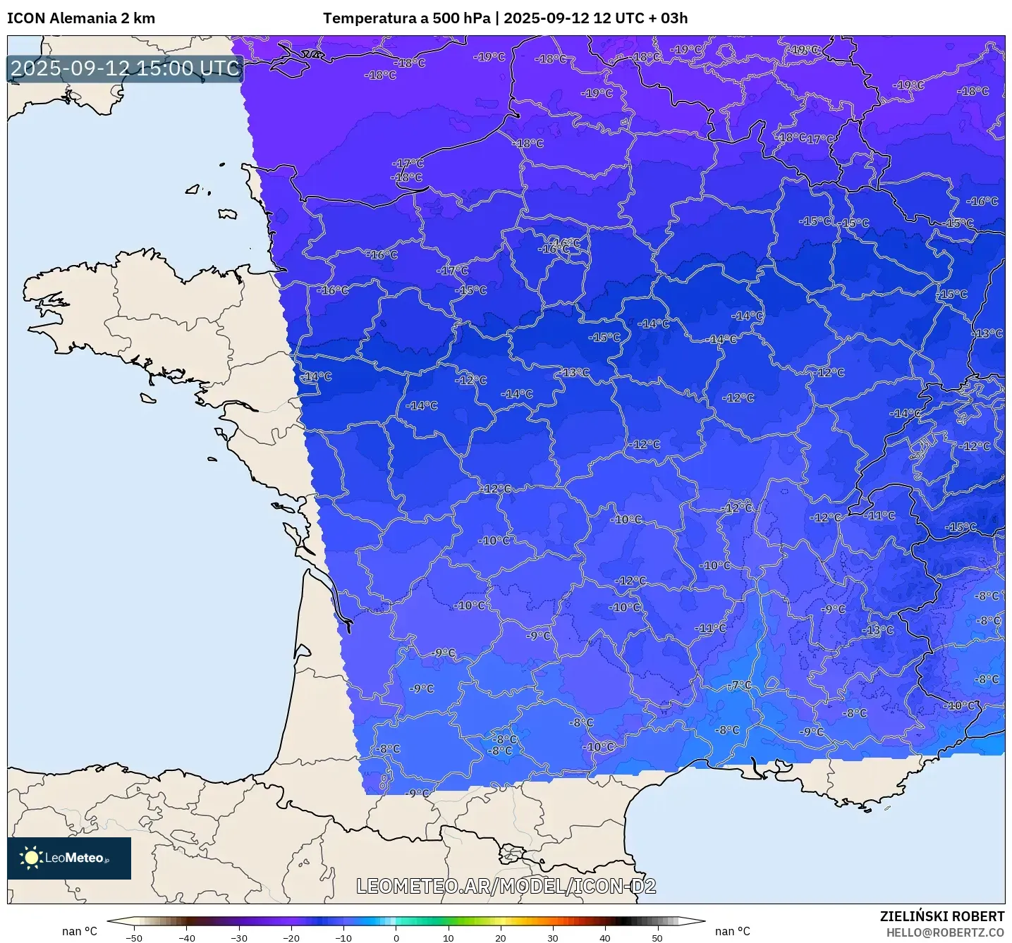 ICON Alemania 2 km model - Francia, Temperatura a 500 hPa