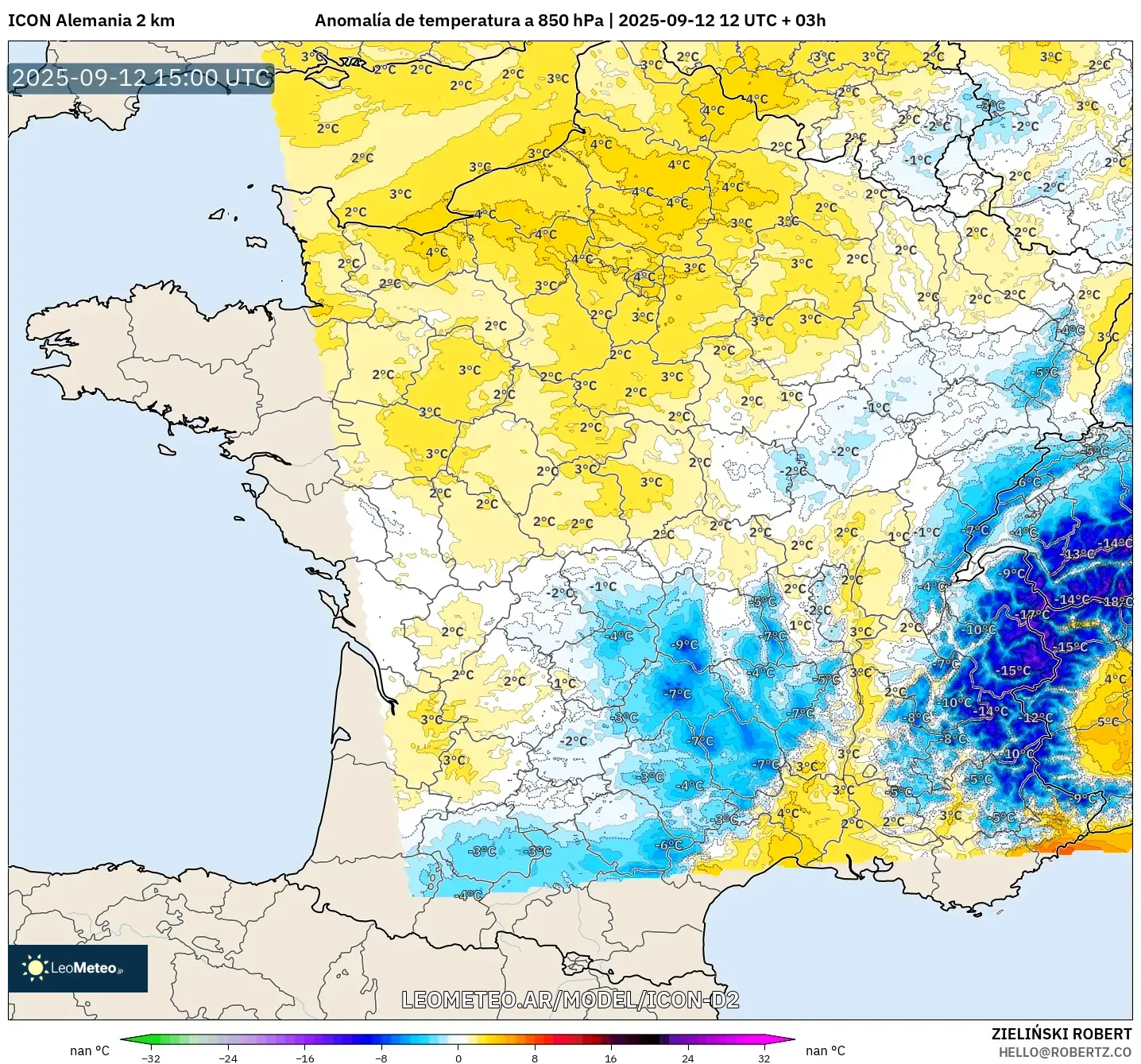 ICON Alemania 2 km model - Francia, Anomalía de temperatura a 850 hPa