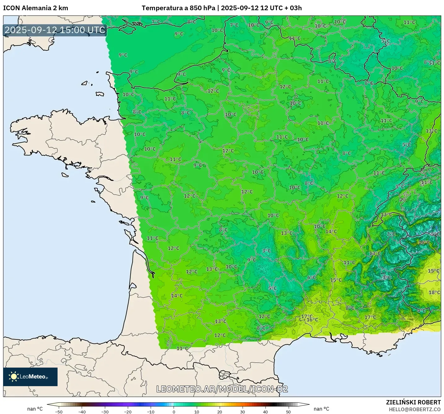 ICON Alemania 2 km model - Francia, Temperatura a 850 hPa ICON Alemania 2 km model - Francia, Temperatura a 850 hPa