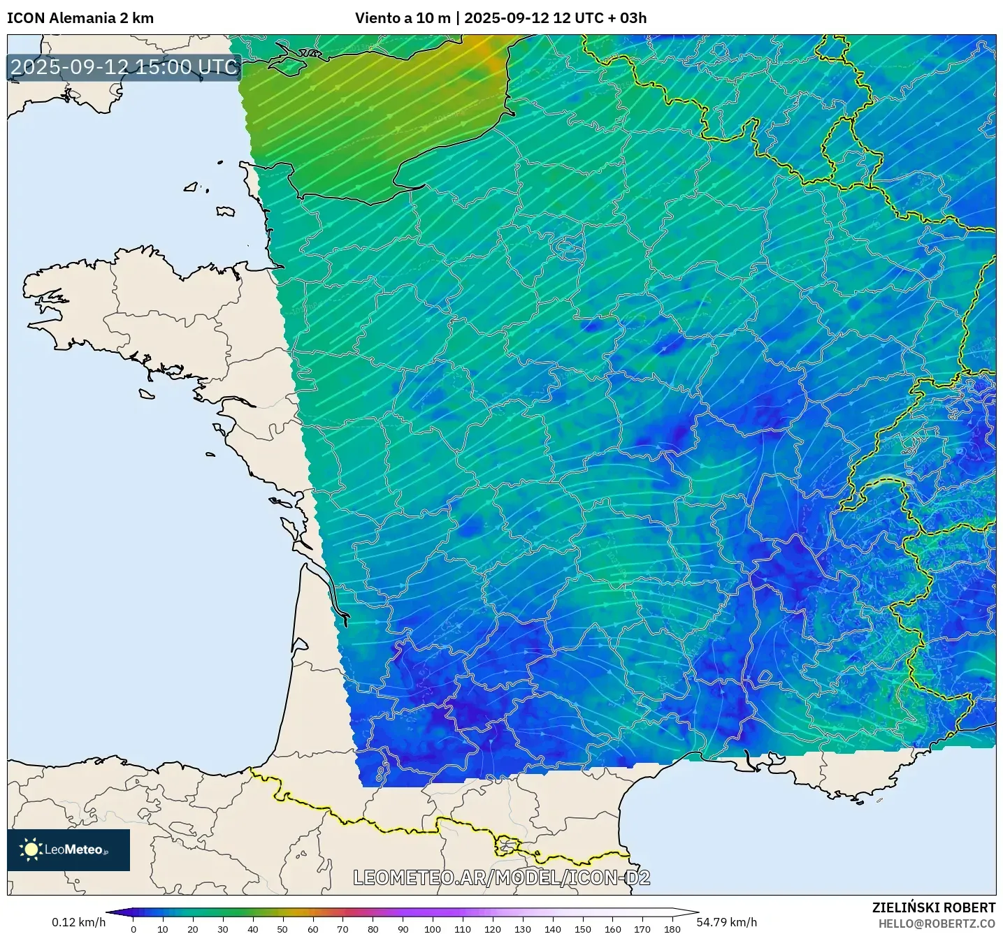 ICON Alemania 2 km model - Francia, Viento a 10 m