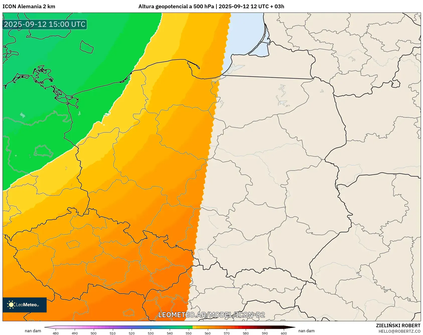 ICON Alemania 2 km model - Polonia, Altura geopotencial a 500 hPa