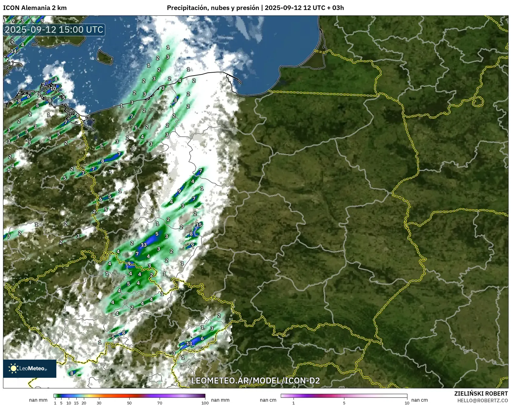 ICON Alemania 2 km model - Polonia, Precipitación, nubes y presión ICON Alemania 2 km model - Polonia, Precipitación, nubes y presión
