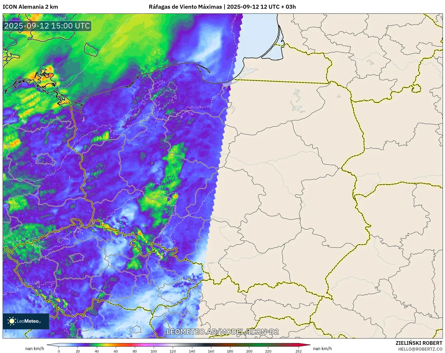 ICON Alemania 2 km model - Polonia, Ráfagas de Viento Máximas ICON Alemania 2 km model - Polonia, Ráfagas de Viento Máximas