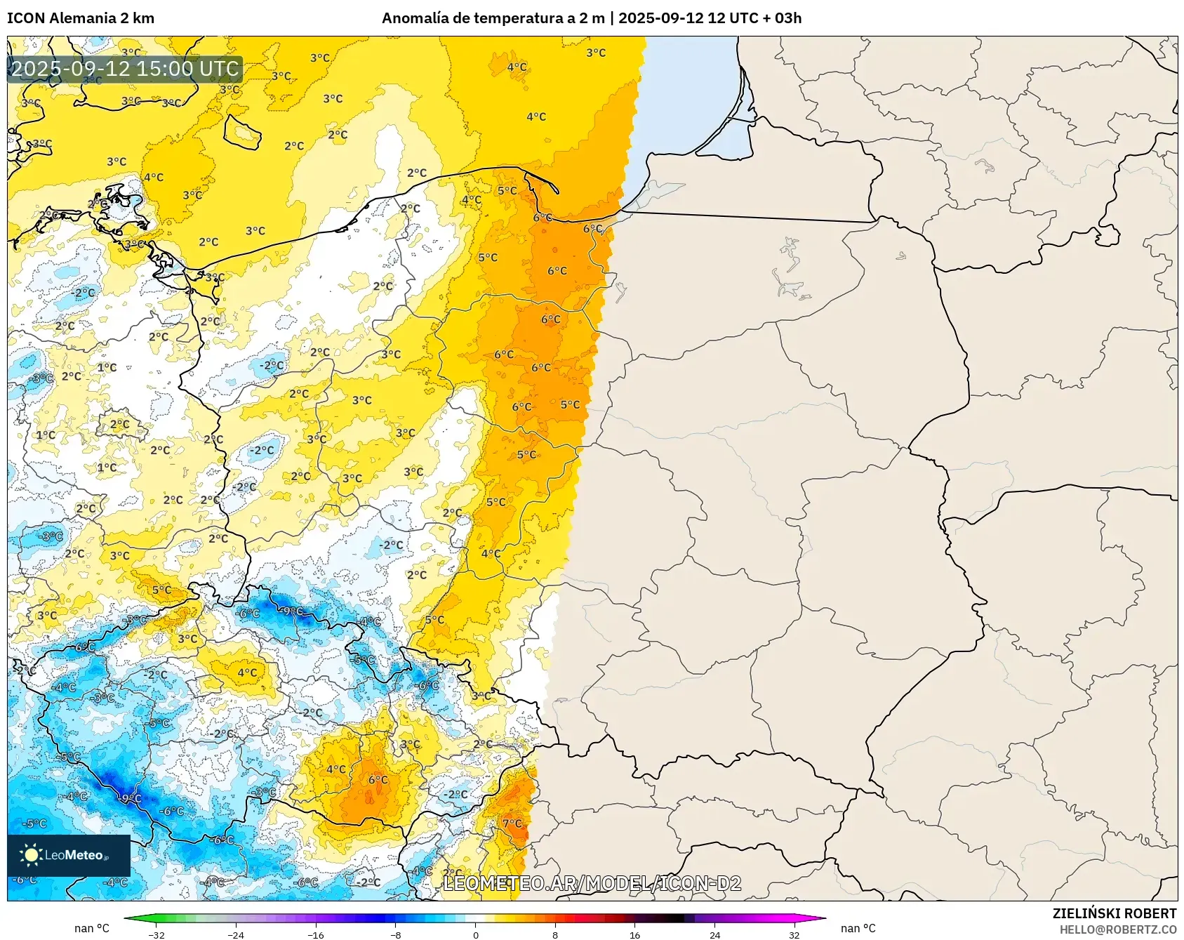 ICON Alemania 2 km model - Polonia, Anomalía de temperatura a 2 m