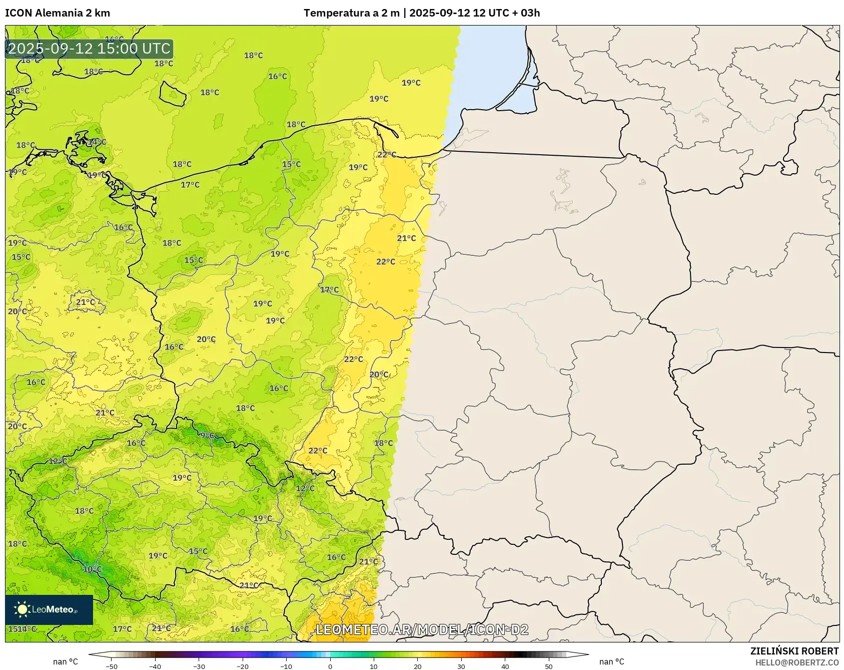 ICON Alemania 2 km model - Polonia, Temperatura a 2 m