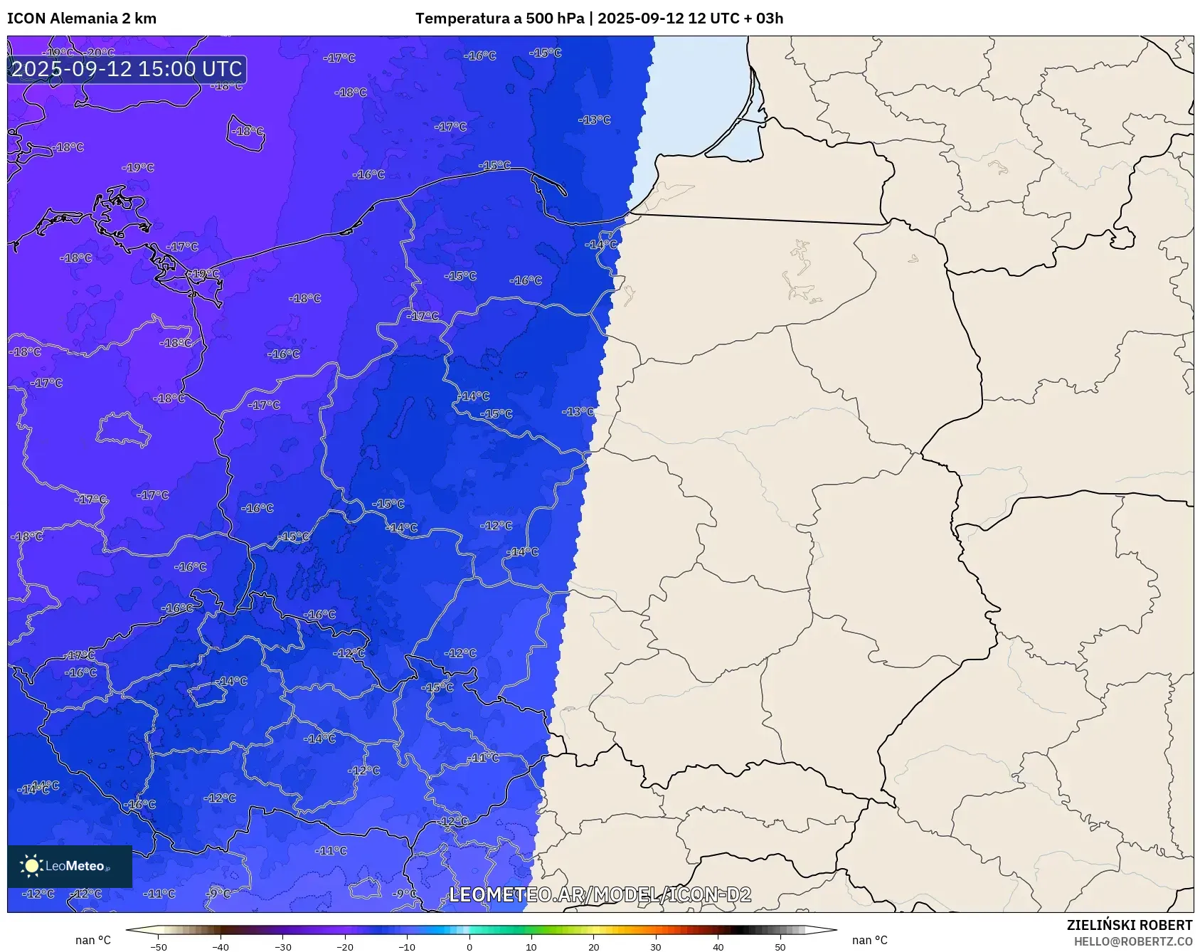 ICON Alemania 2 km model - Polonia, Temperatura a 500 hPa
