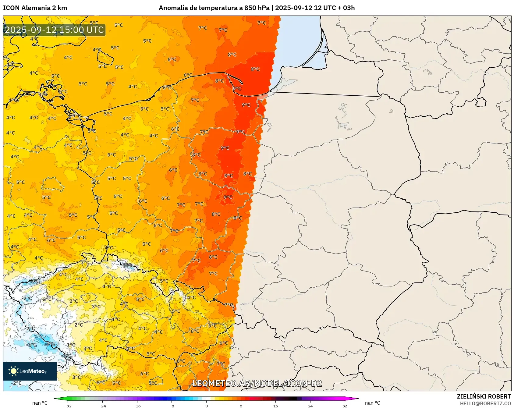 ICON Alemania 2 km model - Polonia, Anomalía de temperatura a 850 hPa