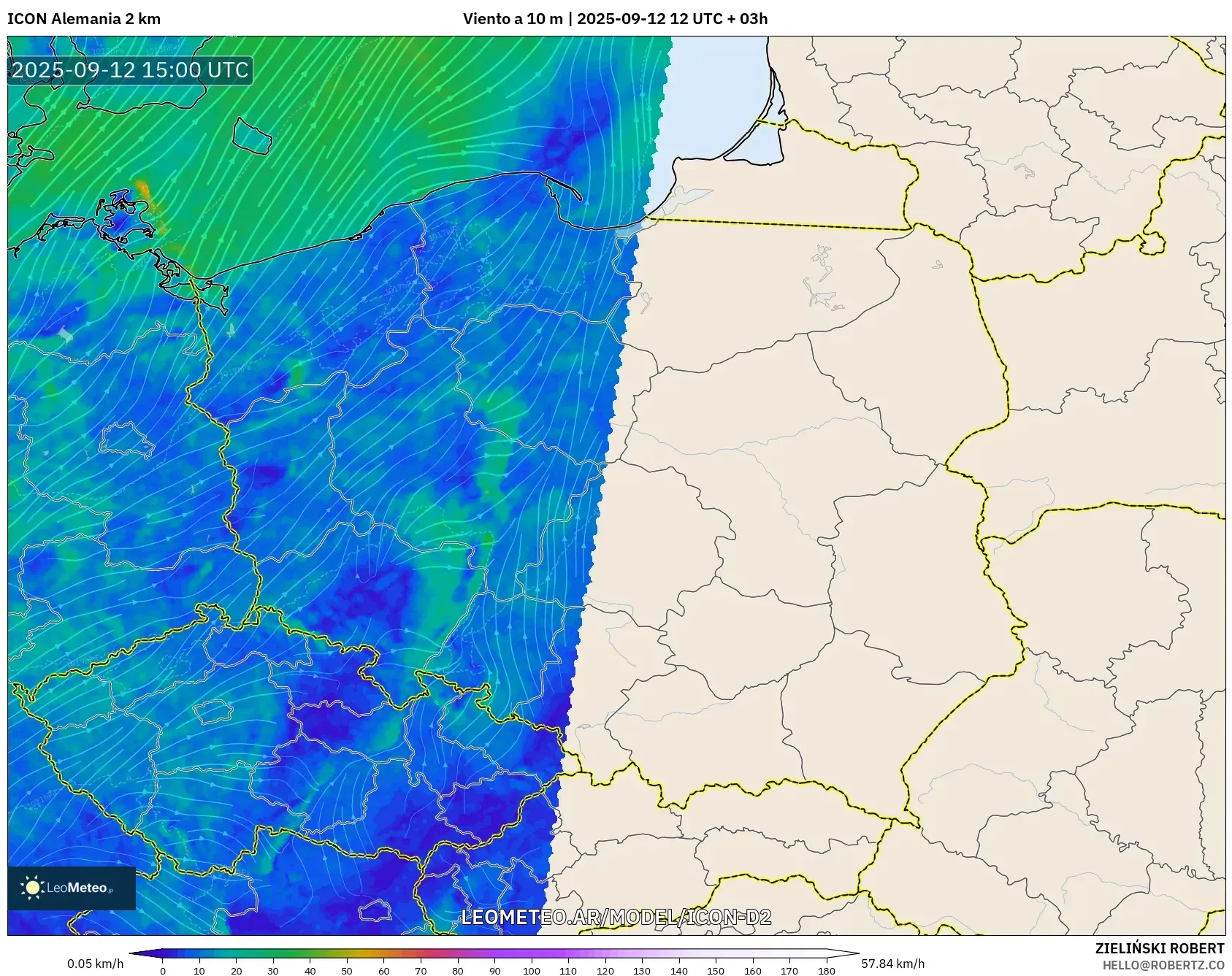 ICON Alemania 2 km model - Polonia, Viento a 10 m ICON Alemania 2 km model - Polonia, Viento a 10 m