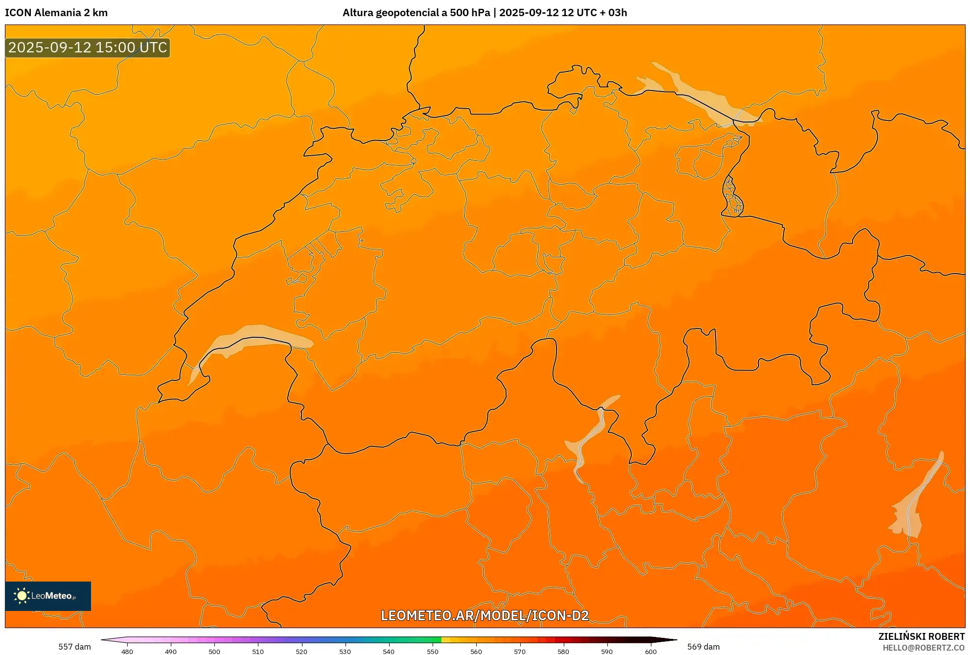 ICON Alemania 2 km model - Suiza, Altura geopotencial a 500 hPa