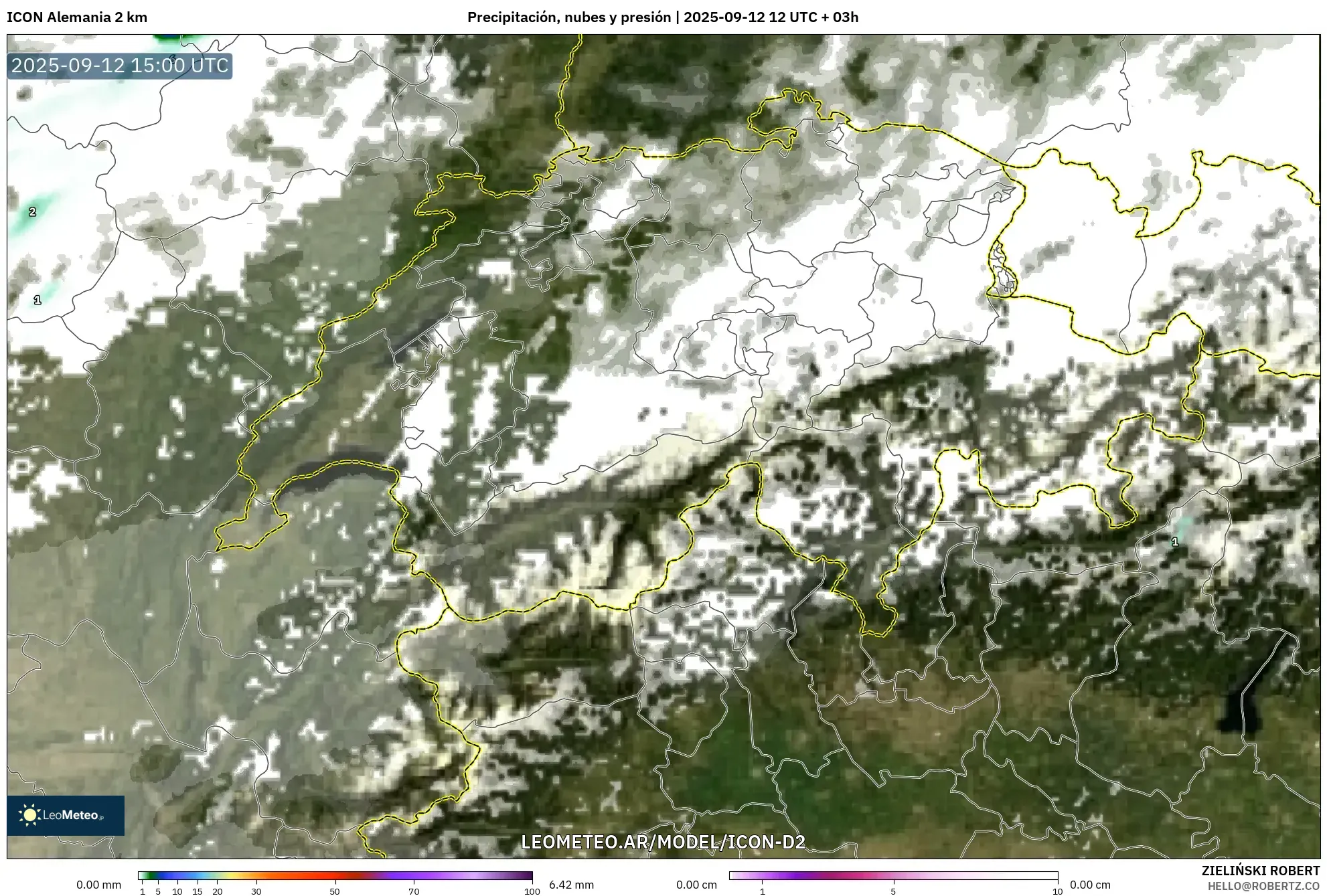 ICON Alemania 2 km model - Suiza, Precipitación, nubes y presión ICON Alemania 2 km model - Suiza, Precipitación, nubes y presión