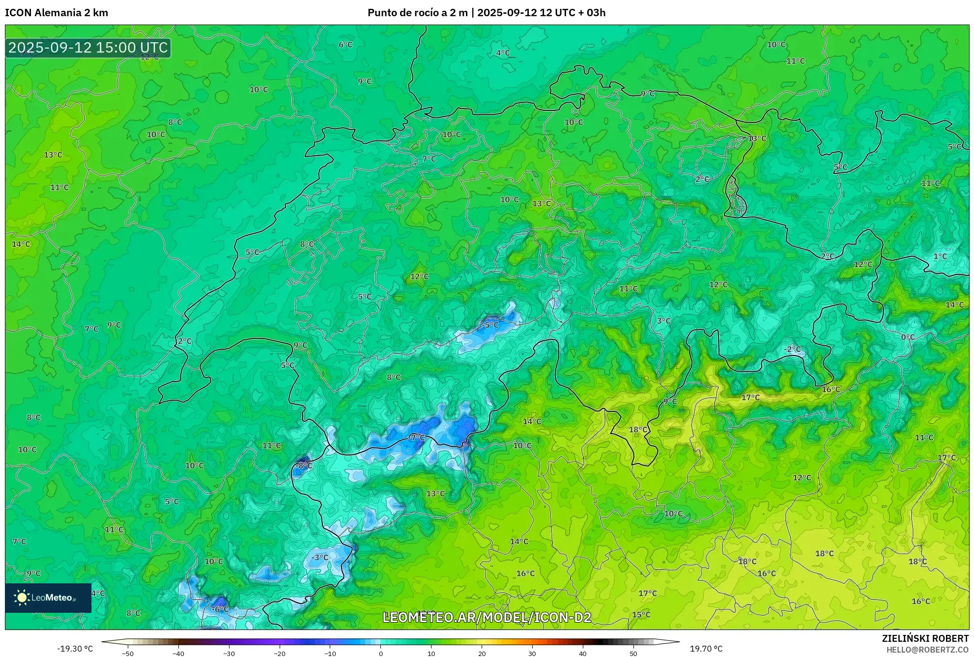ICON Alemania 2 km model - Suiza, Punto de rocío a 2 m