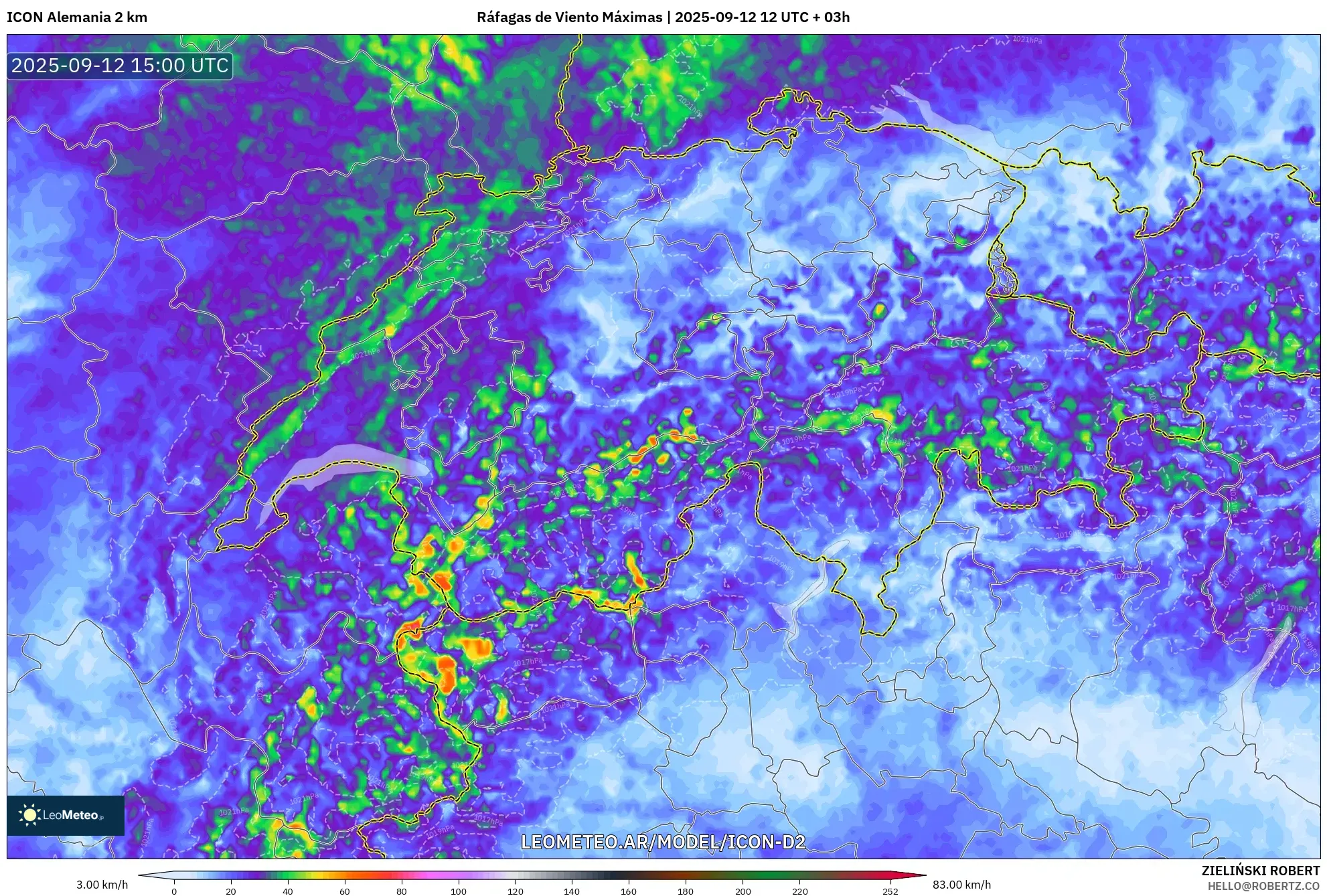 ICON Alemania 2 km model - Suiza, Ráfagas de Viento Máximas ICON Alemania 2 km model - Suiza, Ráfagas de Viento Máximas