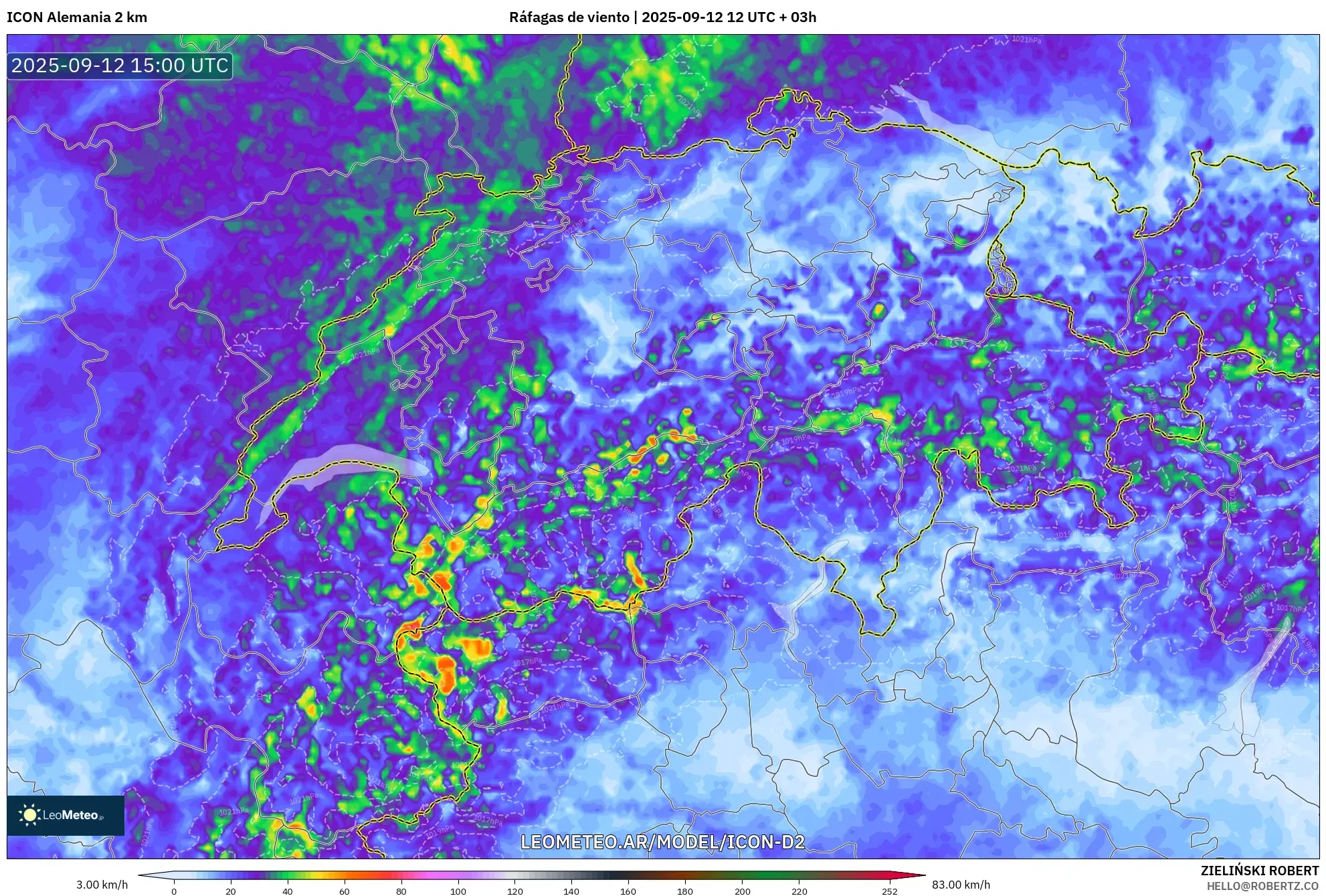 ICON Alemania 2 km model - Suiza, Ráfagas de viento