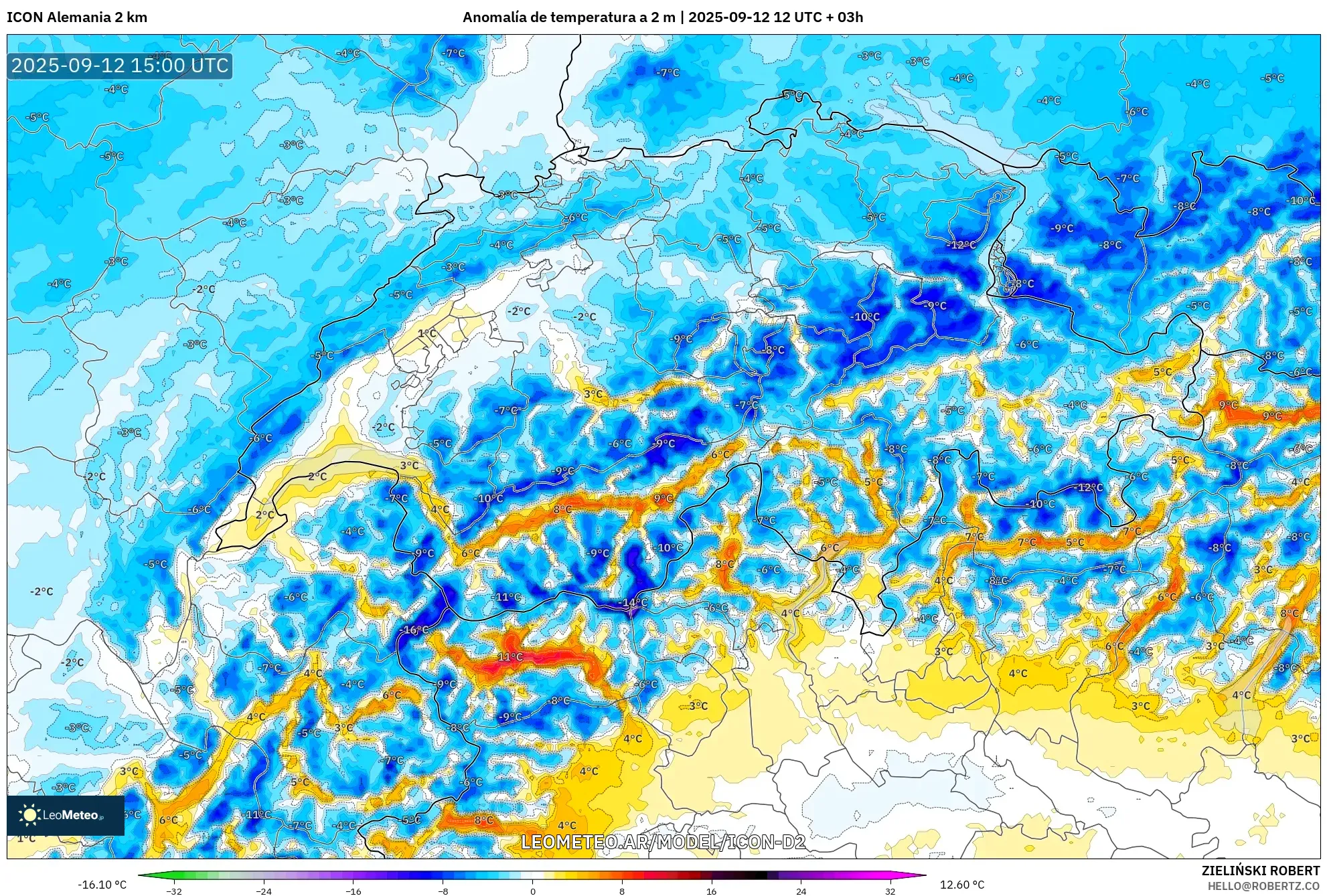 ICON Alemania 2 km model - Suiza, Anomalía de temperatura a 2 m ICON Alemania 2 km model - Suiza, Anomalía de temperatura a 2 m