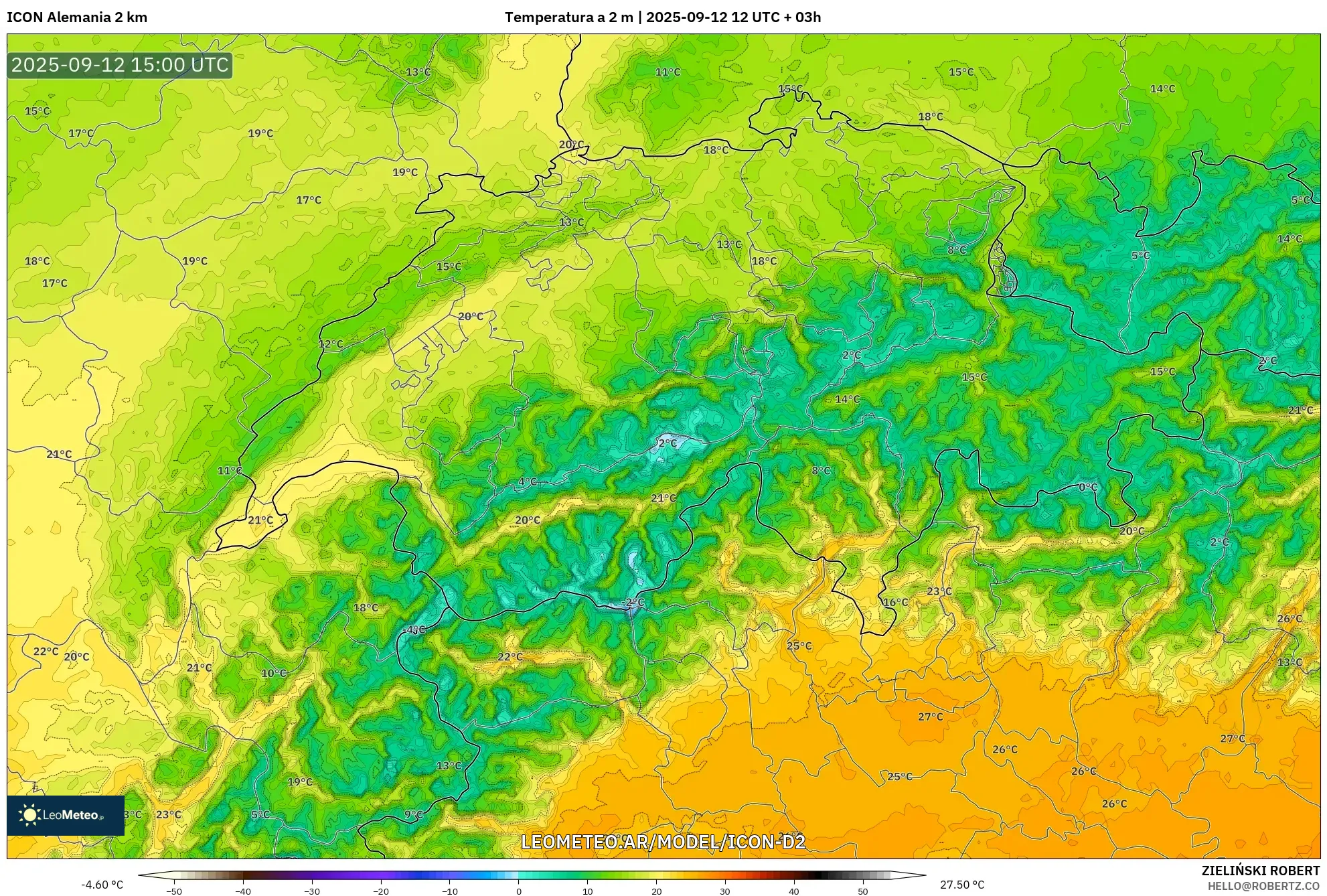 ICON Alemania 2 km model - Suiza, Temperatura a 2 m ICON Alemania 2 km model - Suiza, Temperatura a 2 m