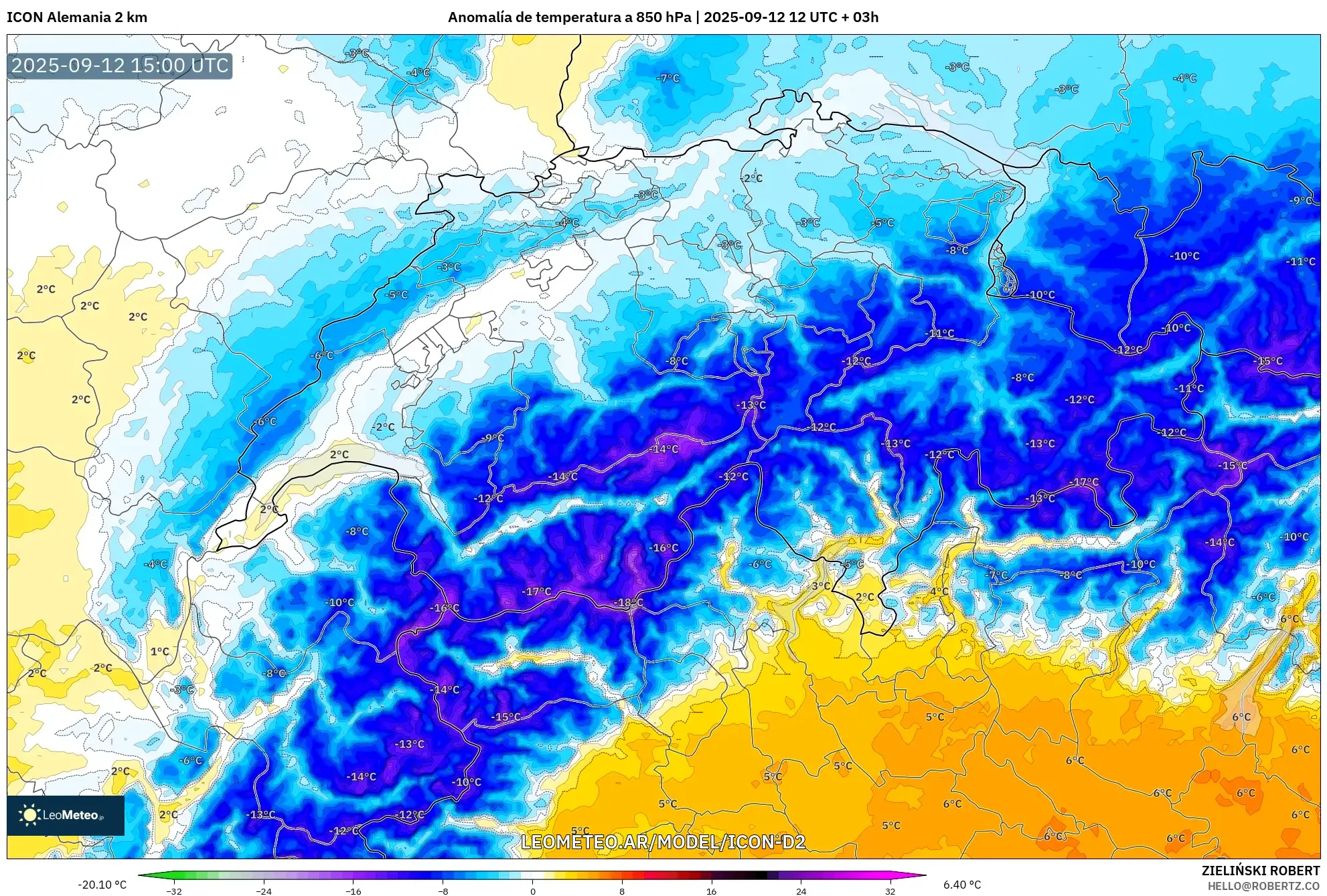 ICON Alemania 2 km model - Suiza, Anomalía de temperatura a 850 hPa ICON Alemania 2 km model - Suiza, Anomalía de temperatura a 850 hPa