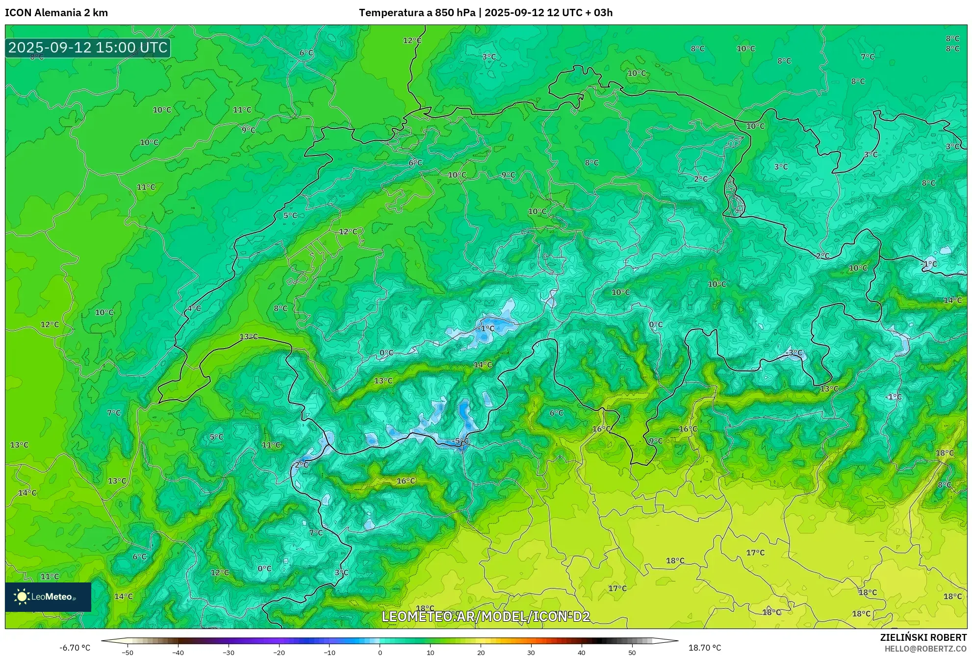 ICON Alemania 2 km model - Suiza, Temperatura a 850 hPa