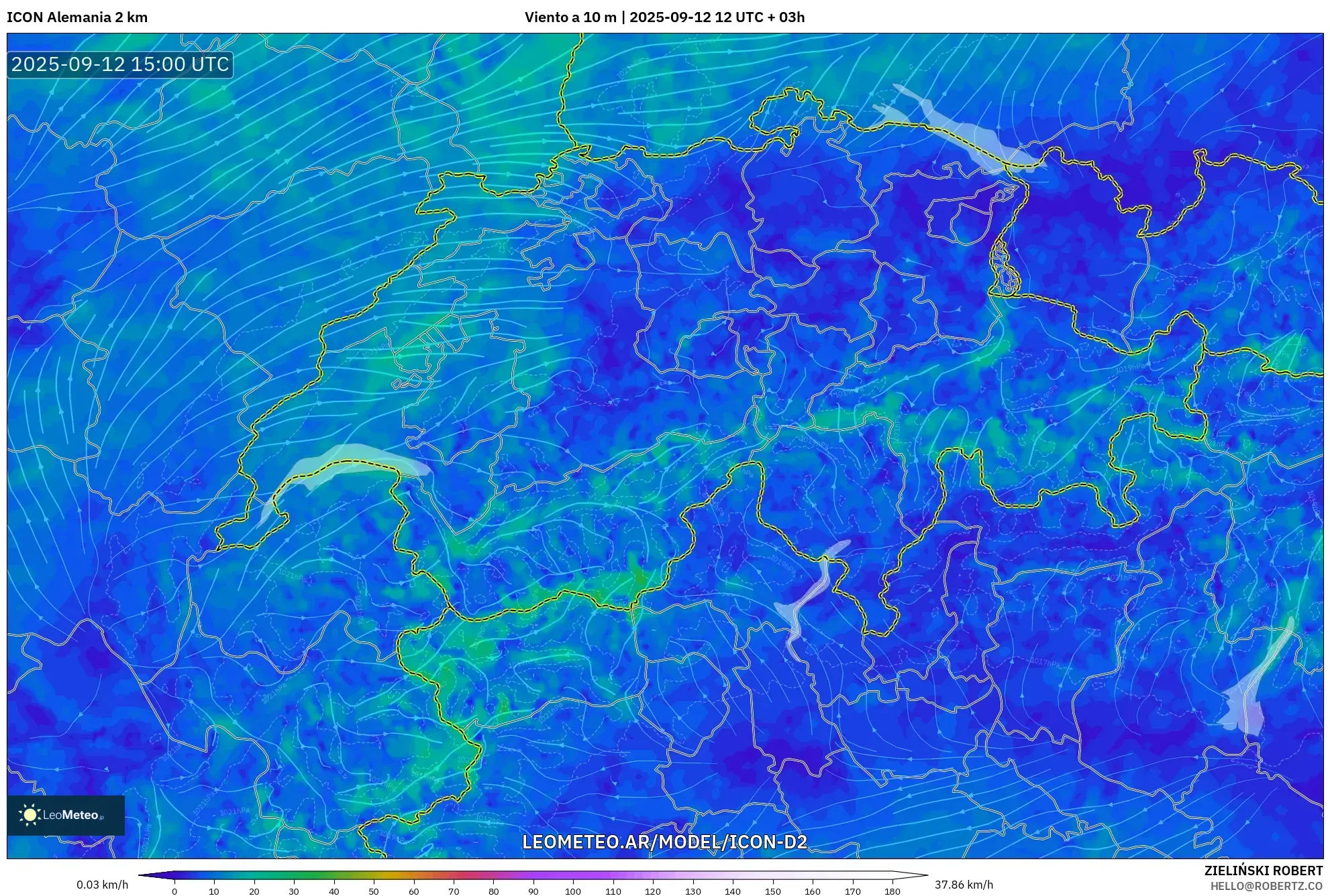 ICON Alemania 2 km model - Suiza, Viento a 10 m ICON Alemania 2 km model - Suiza, Viento a 10 m