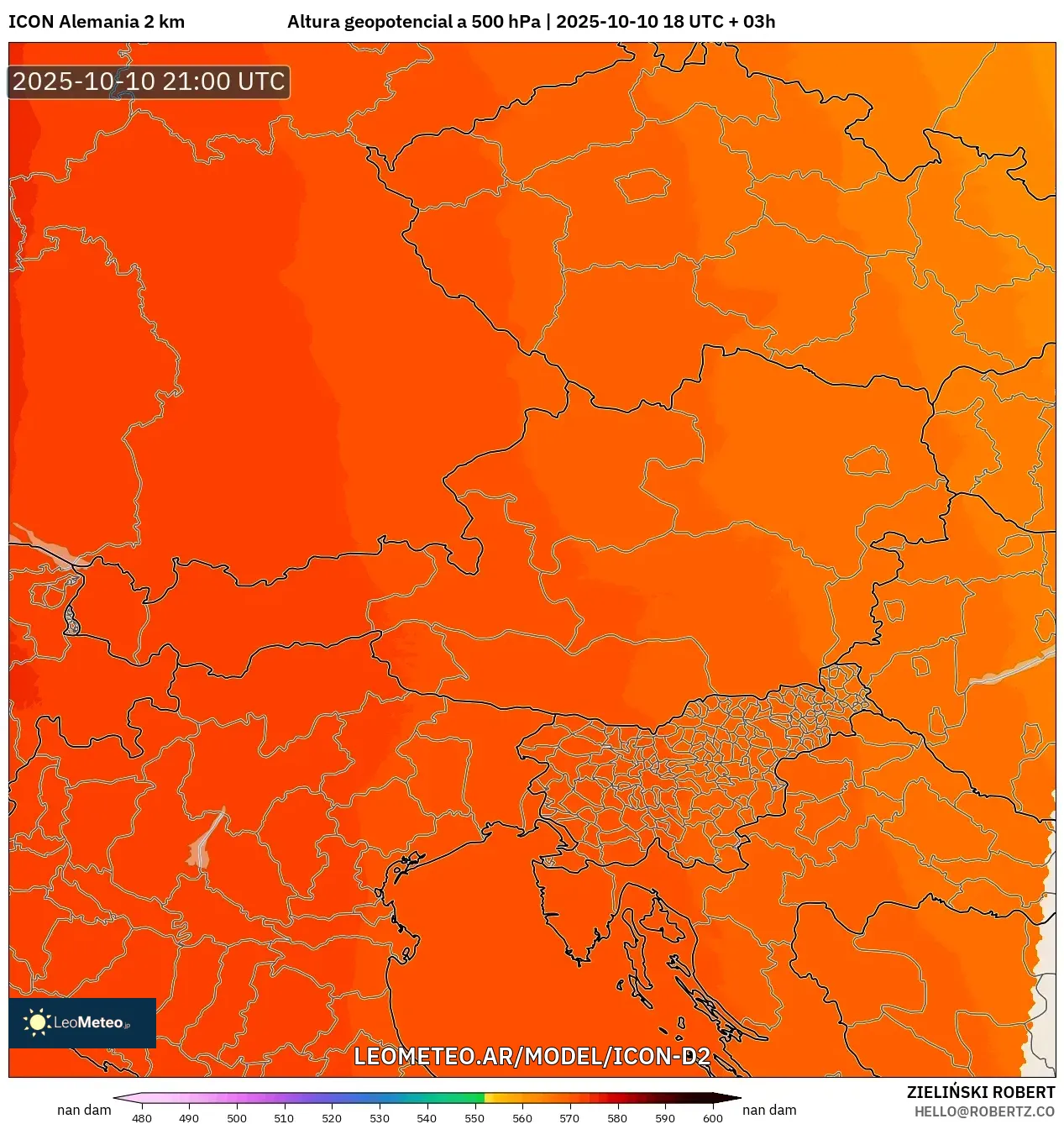 ICON Alemania 2 km model - Austria, Altura geopotencial a 500 hPa ICON Alemania 2 km model - Austria, Altura geopotencial a 500 hPa