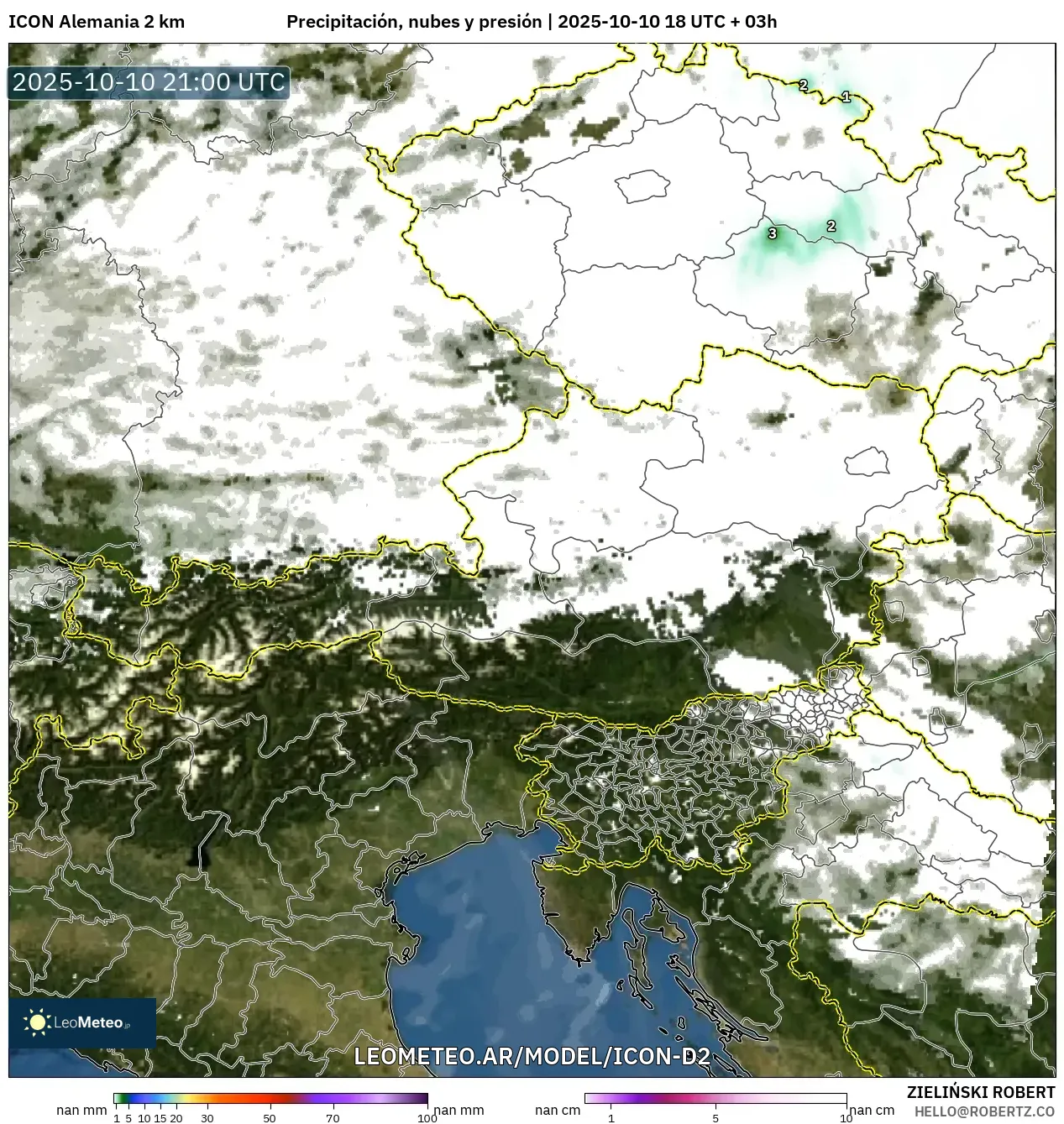 ICON Alemania 2 km model - Austria, Precipitación, nubes y presión ICON Alemania 2 km model - Austria, Precipitación, nubes y presión