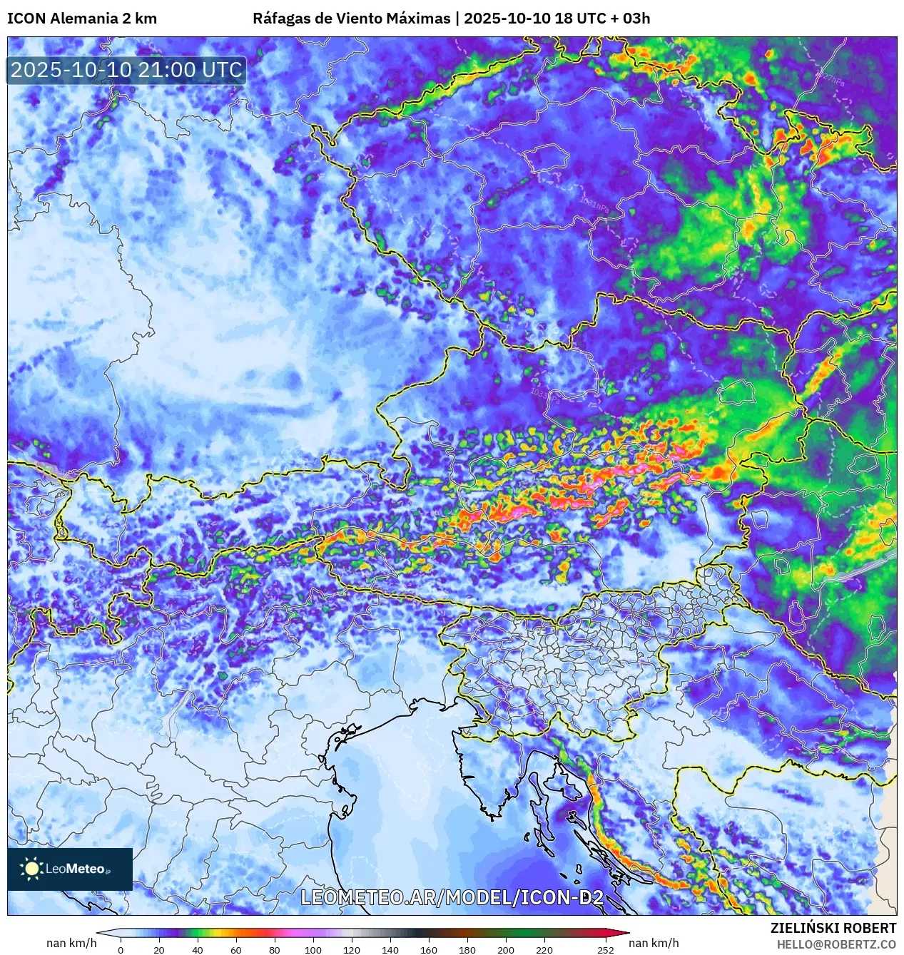 ICON Alemania 2 km model - Austria, Ráfagas de Viento Máximas ICON Alemania 2 km model - Austria, Ráfagas de Viento Máximas