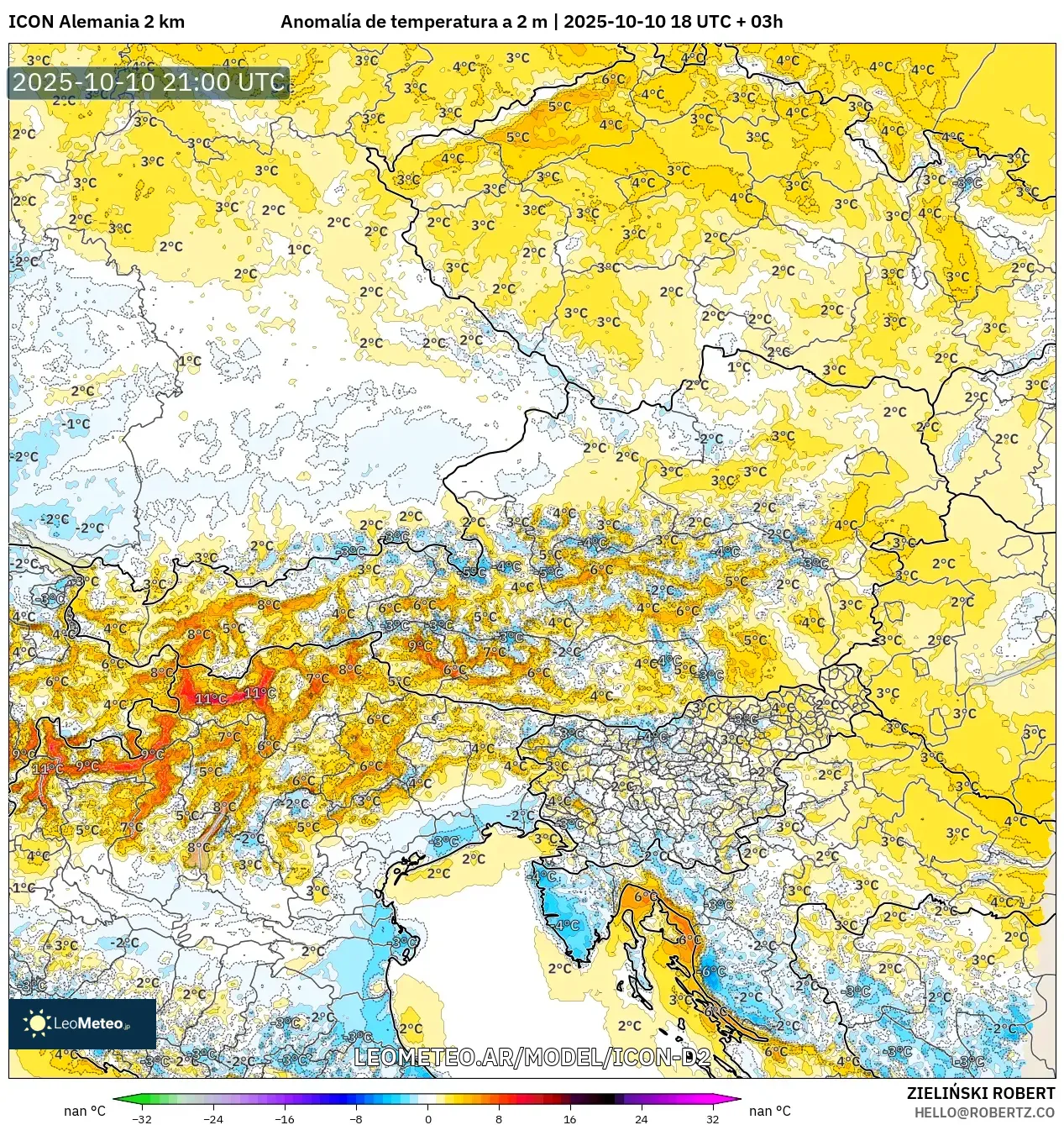 ICON Alemania 2 km model - Austria, Anomalía de temperatura a 2 m ICON Alemania 2 km model - Austria, Anomalía de temperatura a 2 m