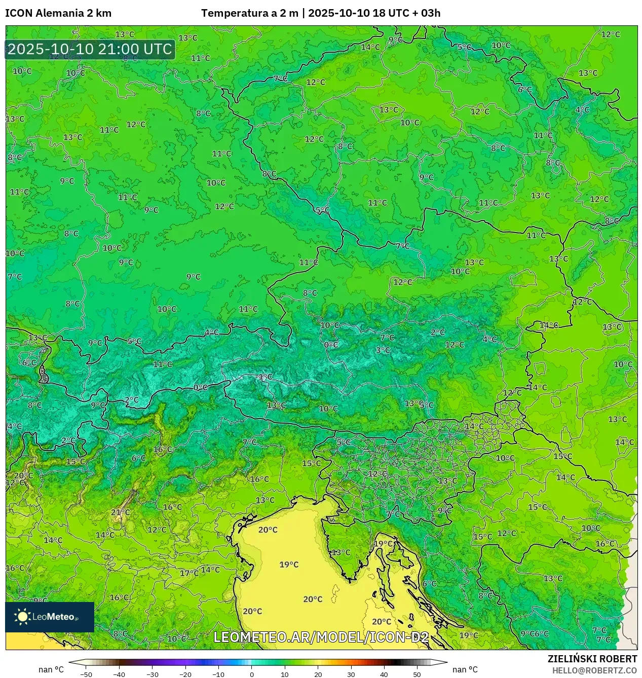 ICON Alemania 2 km model - Austria, Temperatura a 2 m ICON Alemania 2 km model - Austria, Temperatura a 2 m
