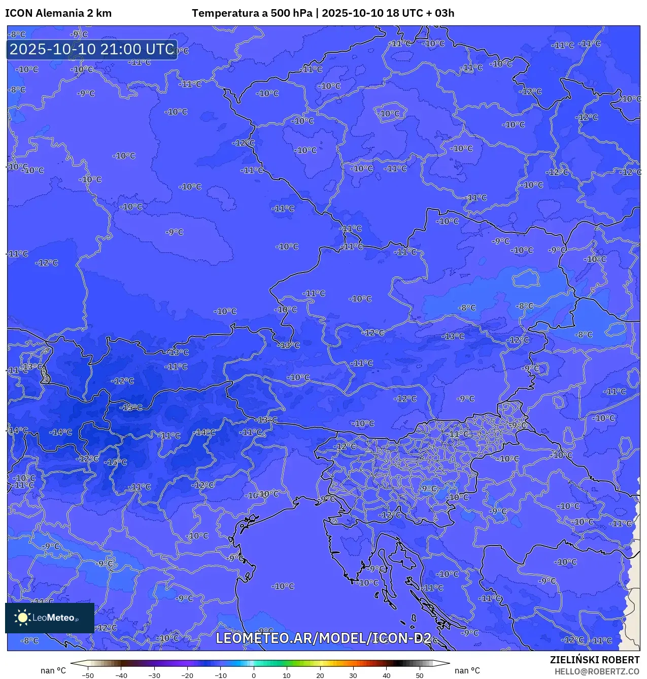ICON Alemania 2 km model - Austria, Temperatura a 500 hPa ICON Alemania 2 km model - Austria, Temperatura a 500 hPa