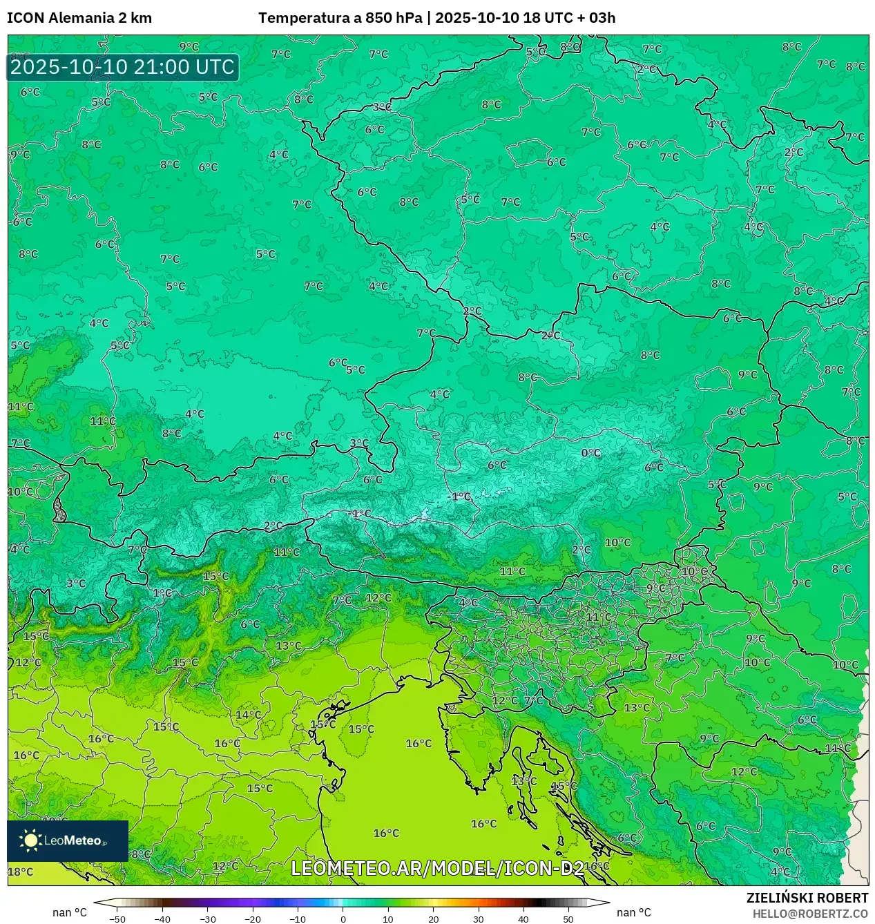 ICON Alemania 2 km model - Austria, Temperatura a 850 hPa