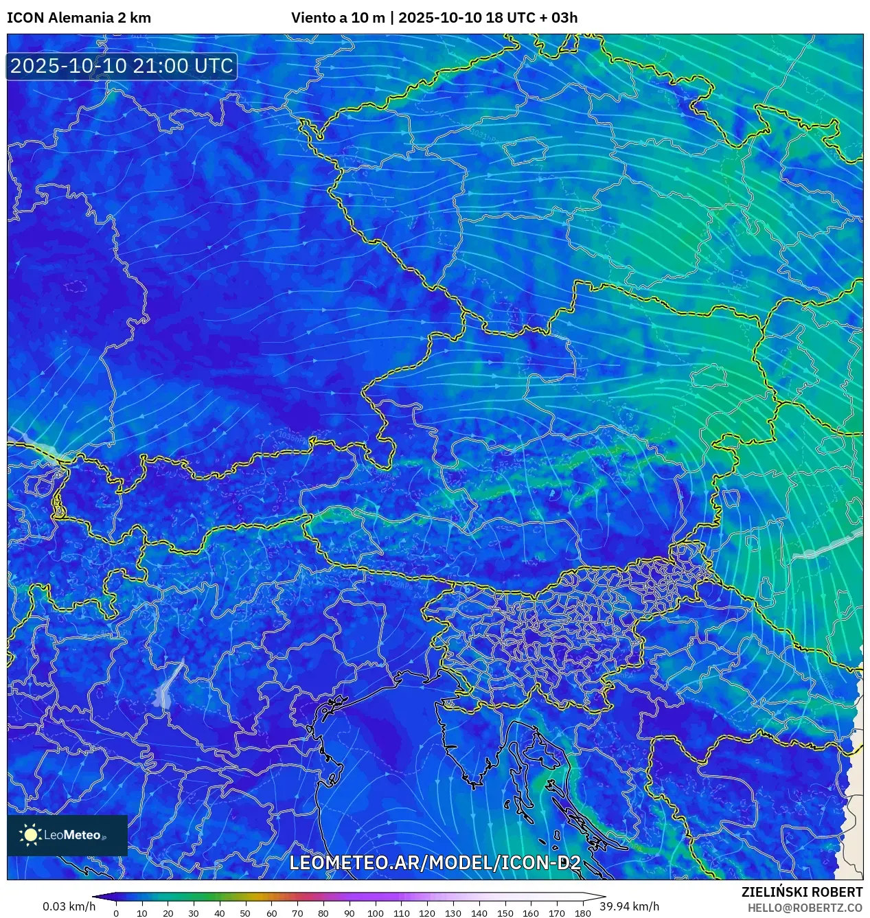 ICON Alemania 2 km model - Austria, Viento a 10 m ICON Alemania 2 km model - Austria, Viento a 10 m