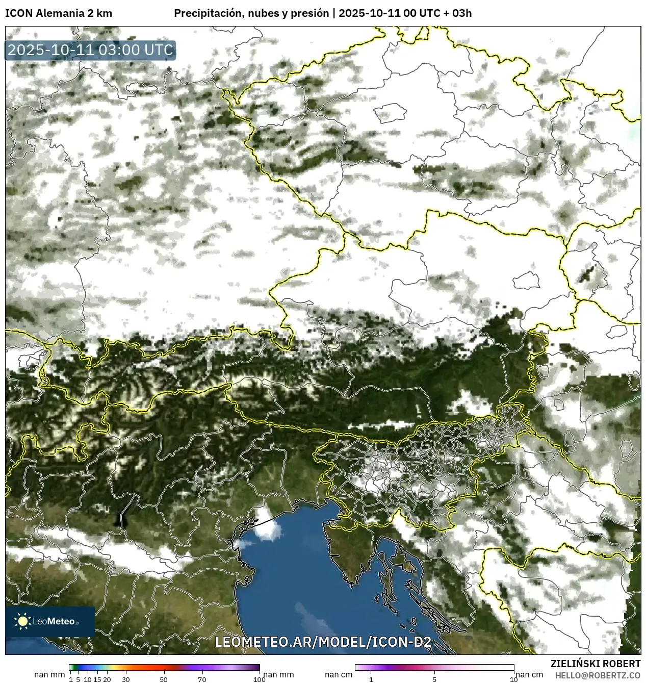 ICON Alemania 2 km model - Austria, Precipitación, nubes y presión ICON Alemania 2 km model - Austria, Precipitación, nubes y presión
