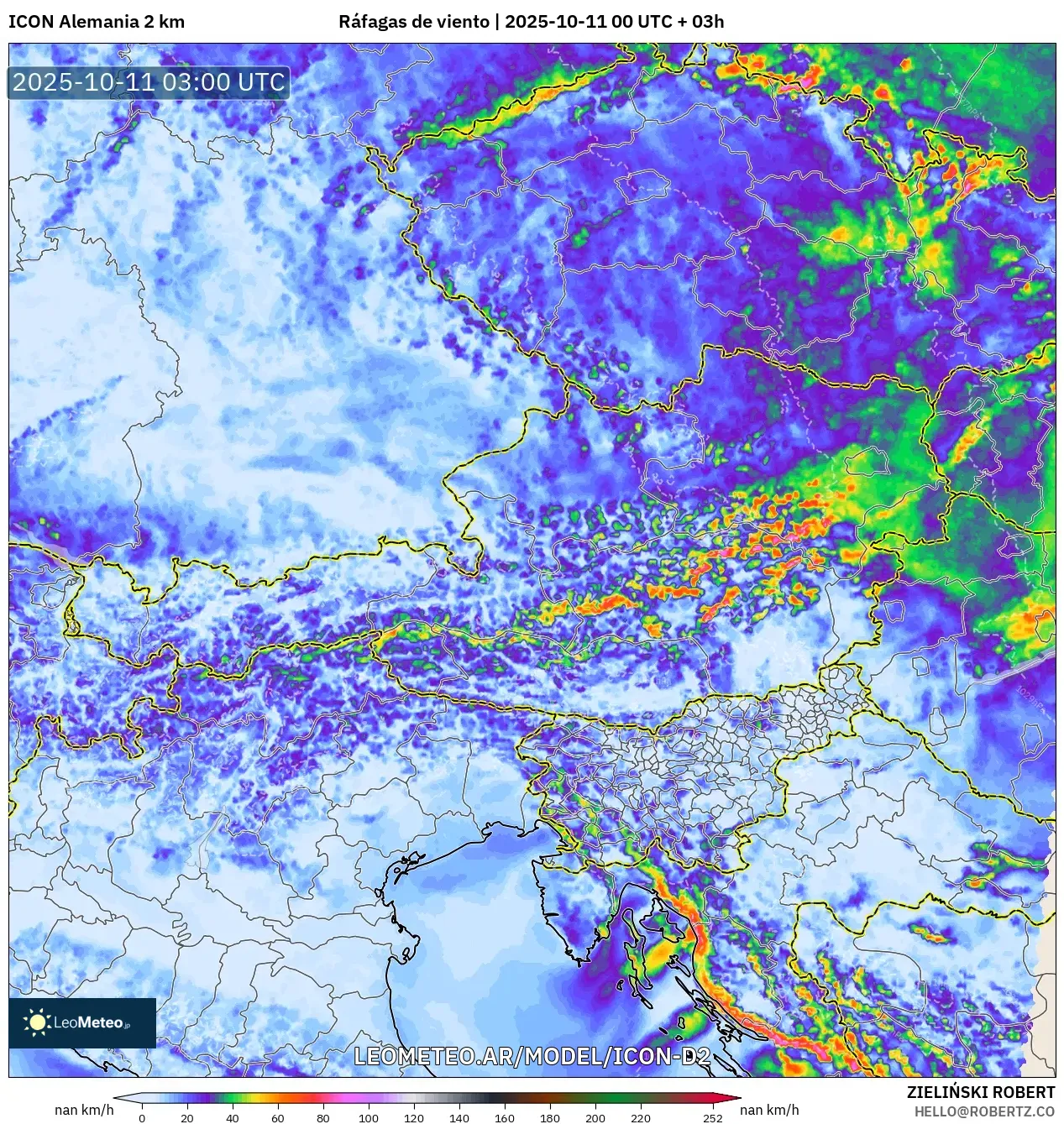 ICON Alemania 2 km model - Austria, Ráfagas de viento ICON Alemania 2 km model - Austria, Ráfagas de viento