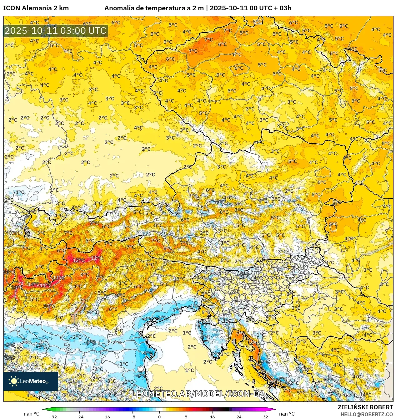ICON Alemania 2 km model - Austria, Anomalía de temperatura a 2 m ICON Alemania 2 km model - Austria, Anomalía de temperatura a 2 m
