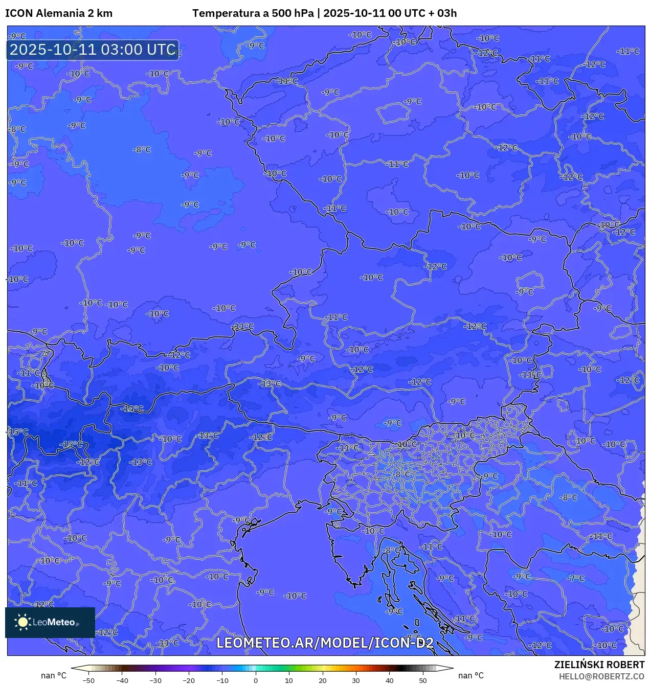 ICON Alemania 2 km model - Austria, Temperatura a 500 hPa ICON Alemania 2 km model - Austria, Temperatura a 500 hPa