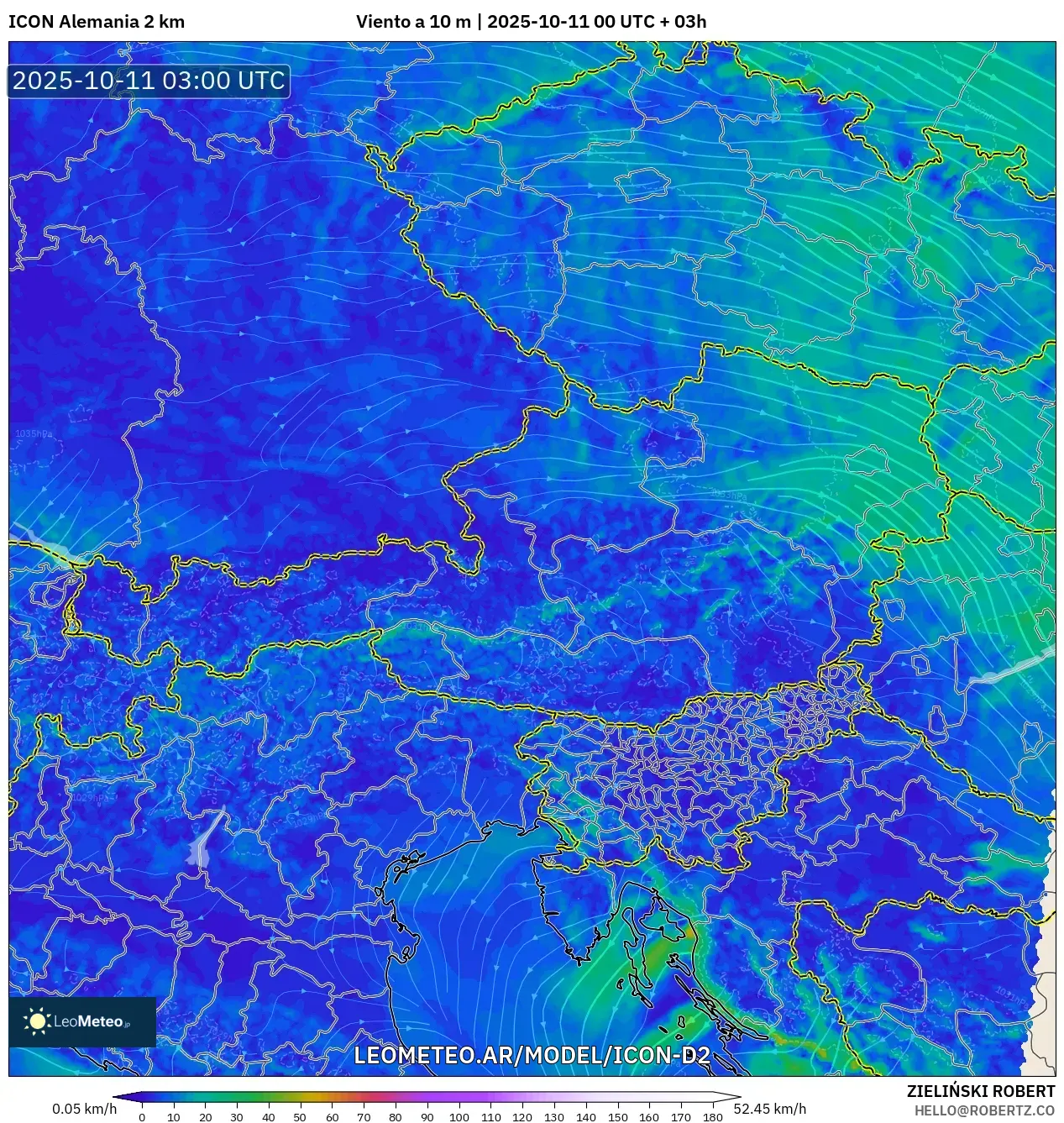 ICON Alemania 2 km model - Austria, Viento a 10 m ICON Alemania 2 km model - Austria, Viento a 10 m