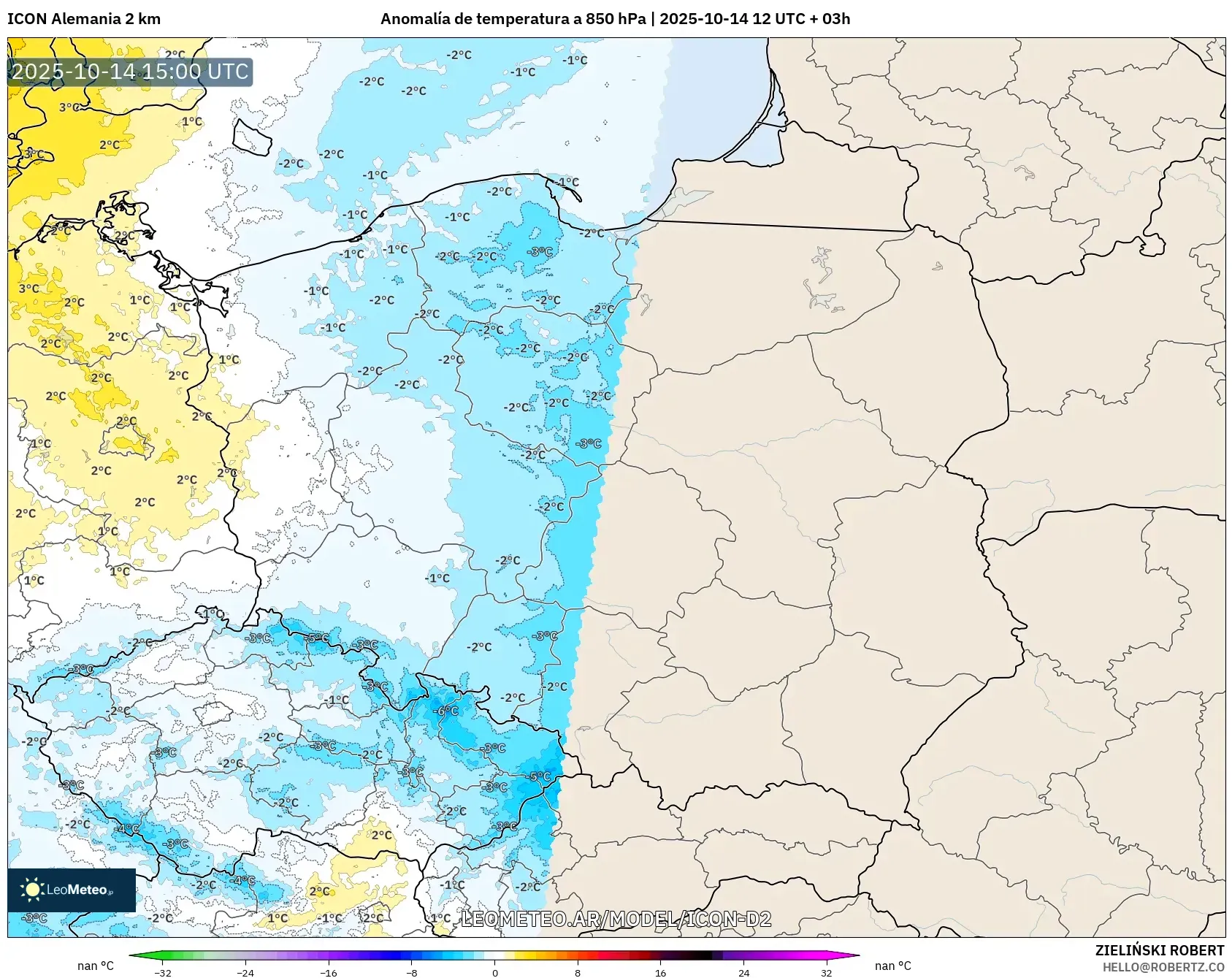 ICON Alemania 2 km model - Polonia, Anomalía de temperatura a 850 hPa ICON Alemania 2 km model - Polonia, Anomalía de temperatura a 850 hPa