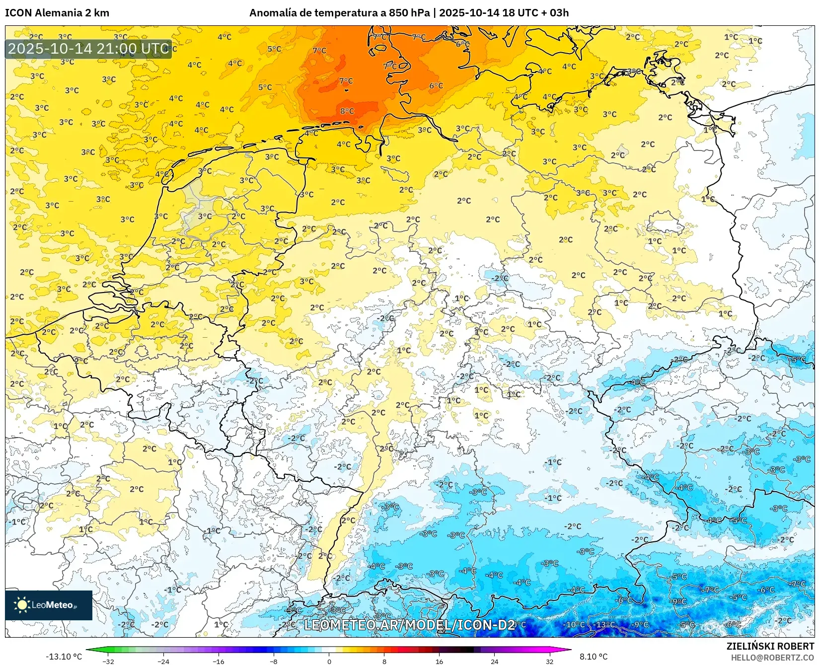 ICON Alemania 2 km model - Alemania, Anomalía de temperatura a 850 hPa ICON Alemania 2 km model - Alemania, Anomalía de temperatura a 850 hPa