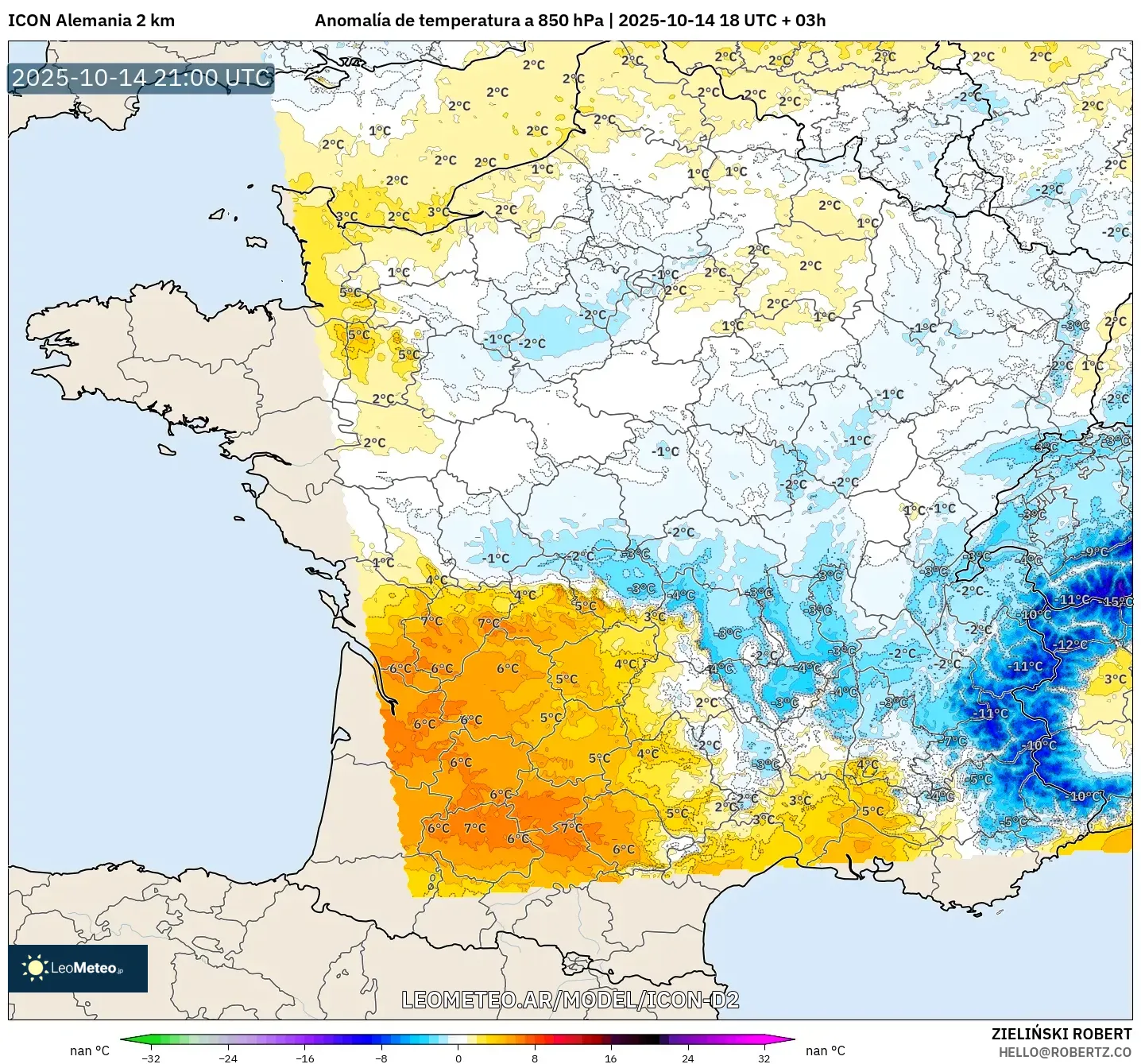 ICON Alemania 2 km model - Francia, Anomalía de temperatura a 850 hPa ICON Alemania 2 km model - Francia, Anomalía de temperatura a 850 hPa