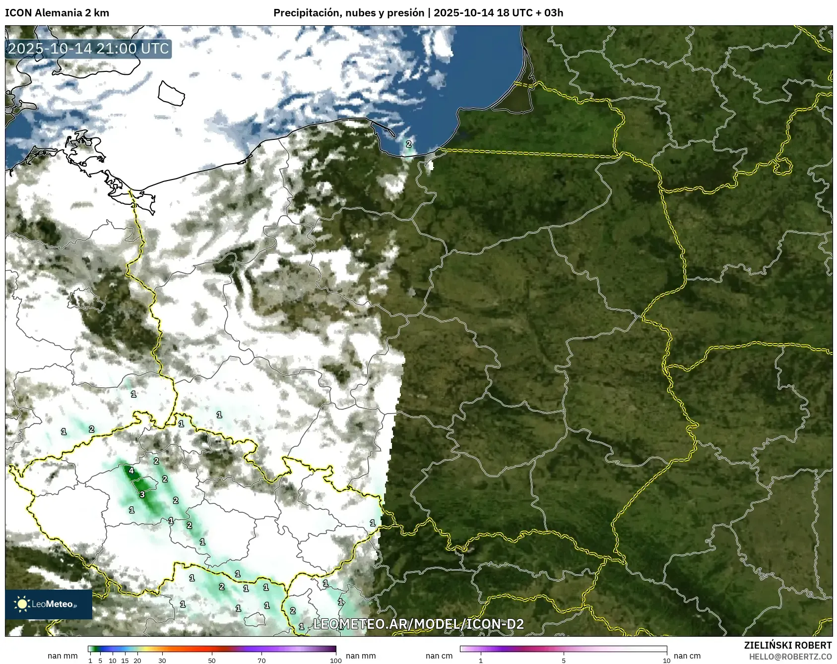 ICON Alemania 2 km model - Polonia, Precipitación, nubes y presión ICON Alemania 2 km model - Polonia, Precipitación, nubes y presión