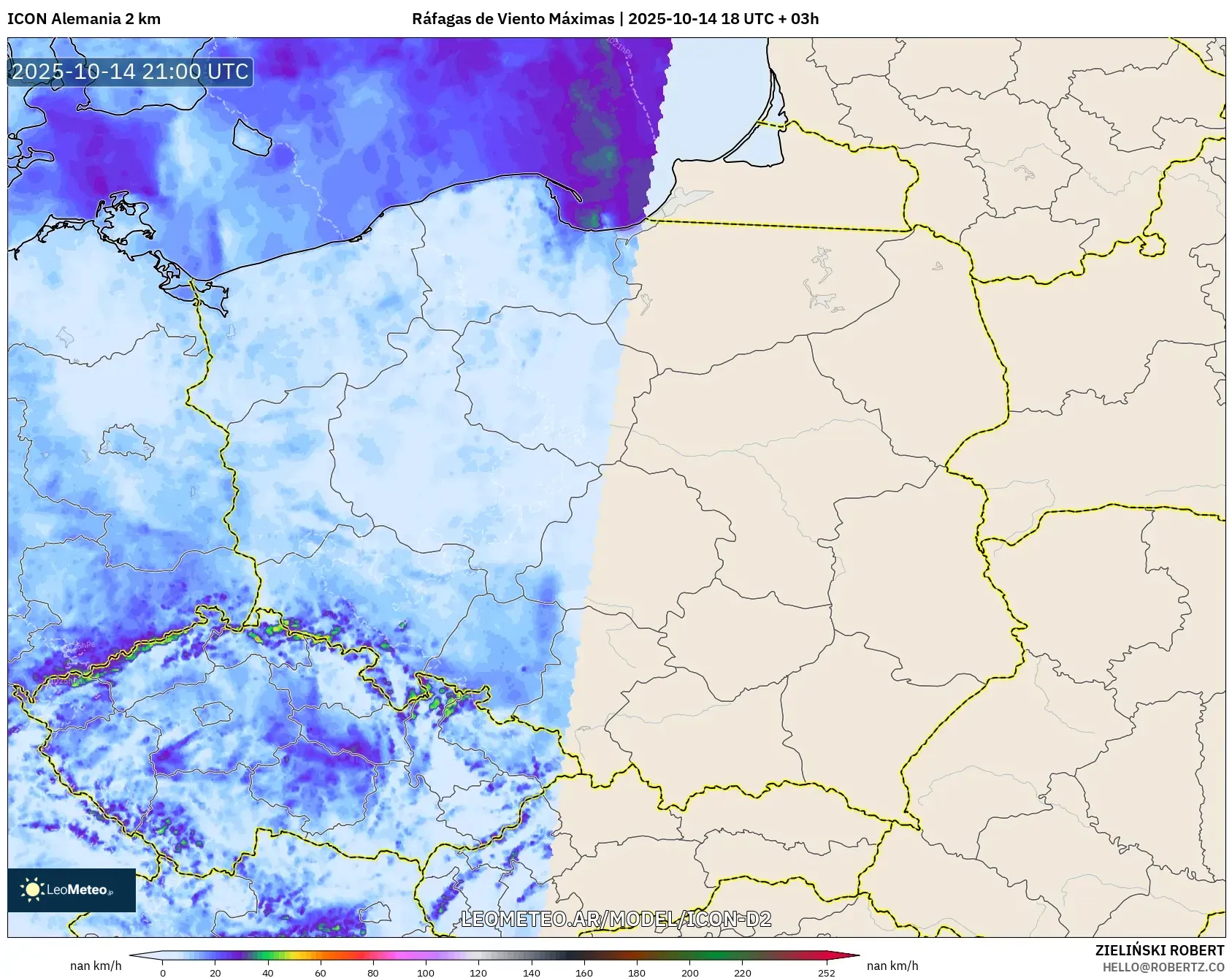 ICON Alemania 2 km model - Polonia, Ráfagas de Viento Máximas ICON Alemania 2 km model - Polonia, Ráfagas de Viento Máximas