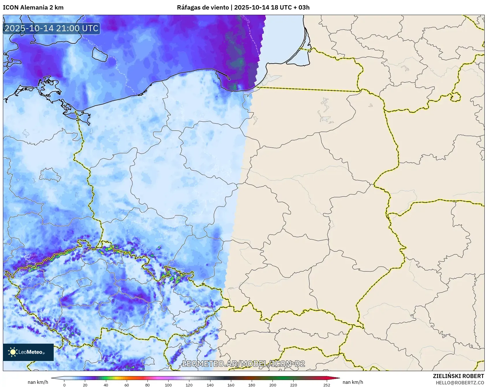 ICON Alemania 2 km model - Polonia, Ráfagas de viento ICON Alemania 2 km model - Polonia, Ráfagas de viento