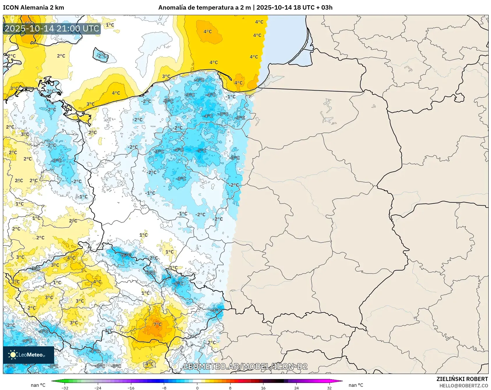 ICON Alemania 2 km model - Polonia, Anomalía de temperatura a 2 m ICON Alemania 2 km model - Polonia, Anomalía de temperatura a 2 m