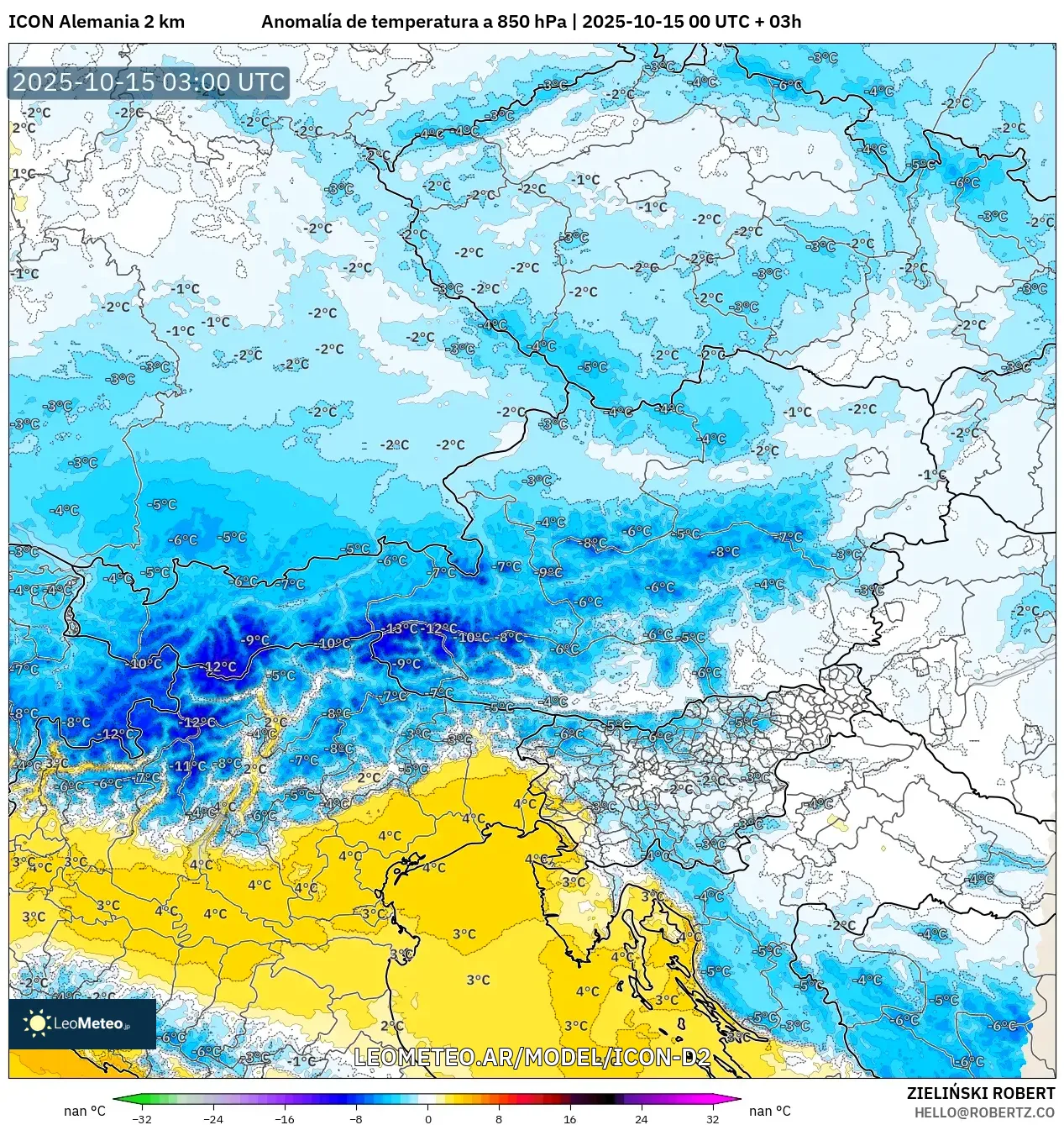 ICON Alemania 2 km model - Austria, Anomalía de temperatura a 850 hPa ICON Alemania 2 km model - Austria, Anomalía de temperatura a 850 hPa