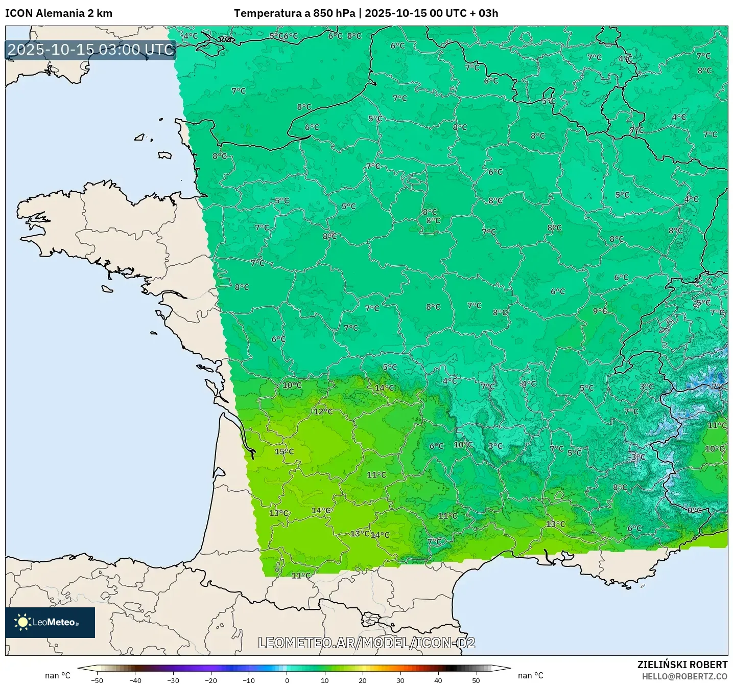 ICON Alemania 2 km model - Francia, Temperatura a 850 hPa ICON Alemania 2 km model - Francia, Temperatura a 850 hPa