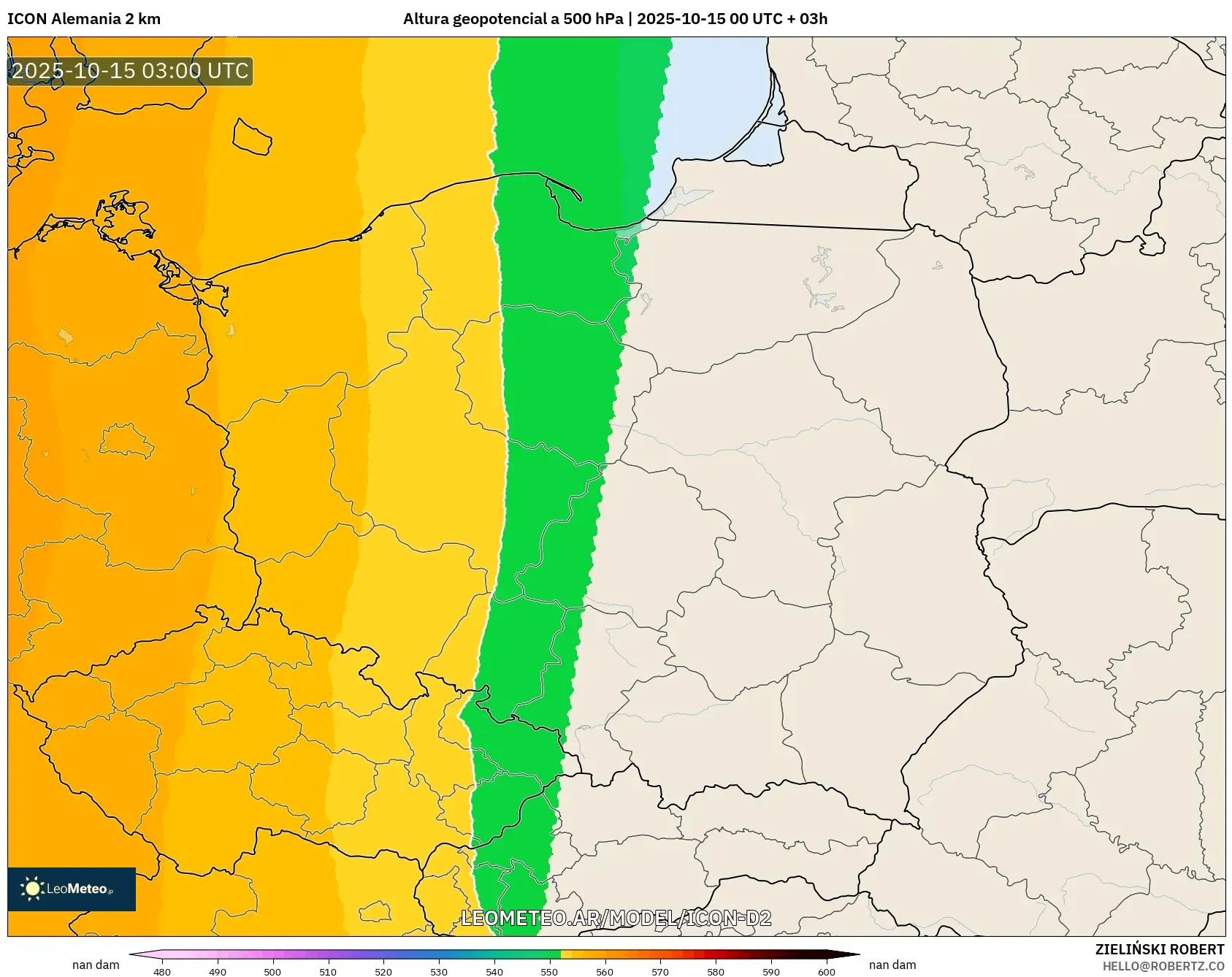 ICON Alemania 2 km model - Polonia, Altura geopotencial a 500 hPa